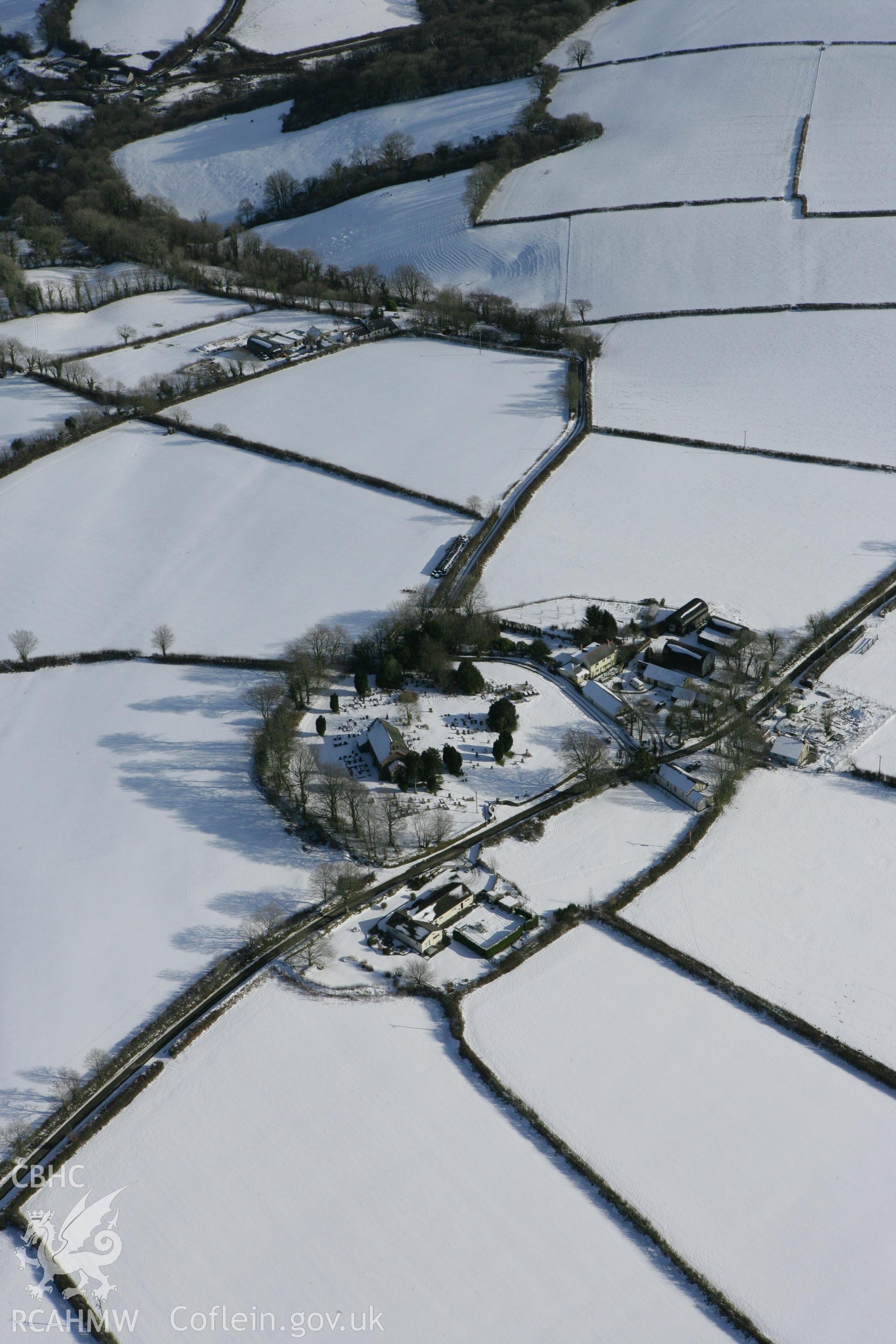 RCAHMW colour oblique photograph of Llanwinio Church, winter landscape. Taken by Toby Driver on 06/02/2009.