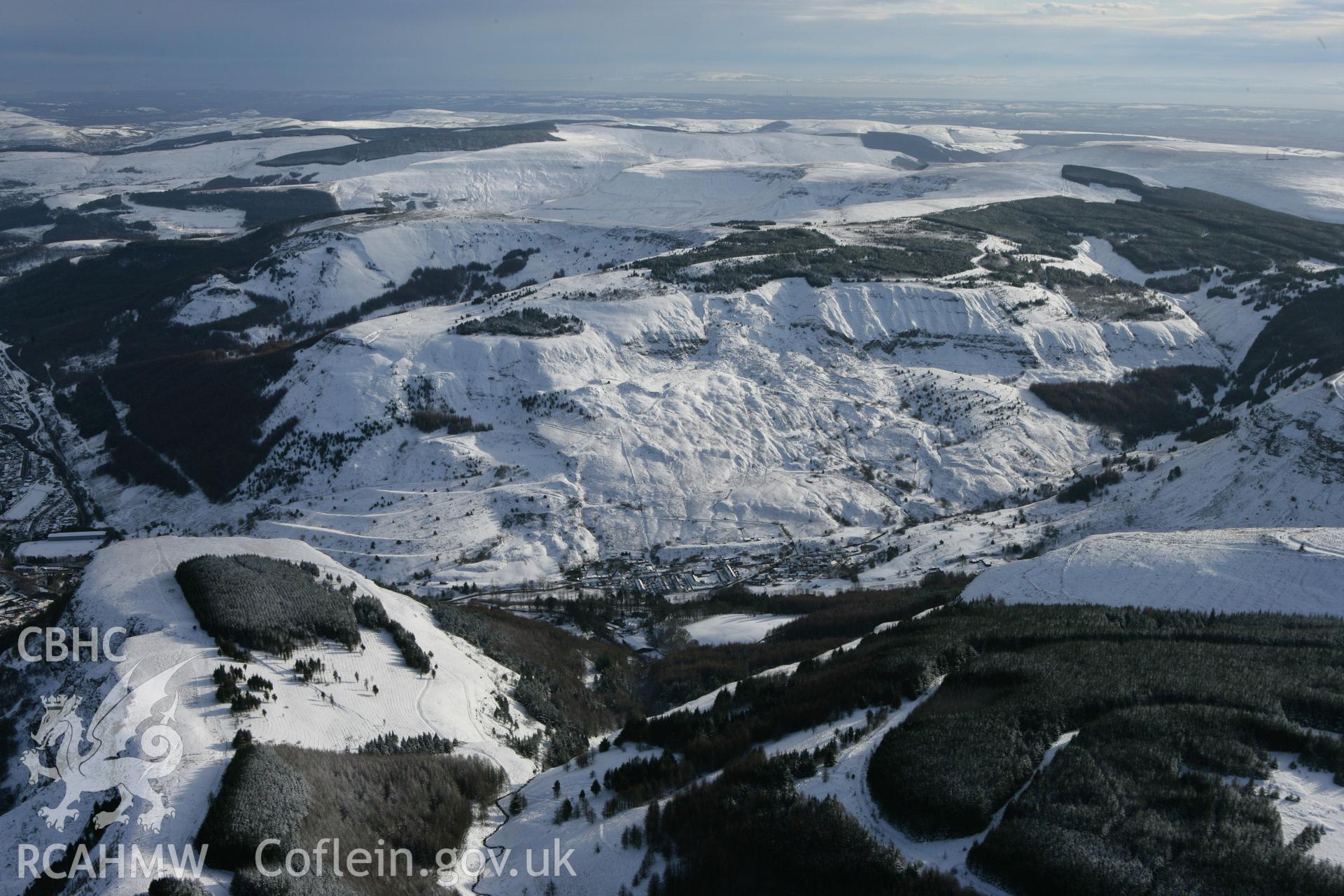 RCAHMW colour oblique photograph of Blaenrhondda village, winter landscape from the north-west. Taken by Toby Driver on 06/02/2009.