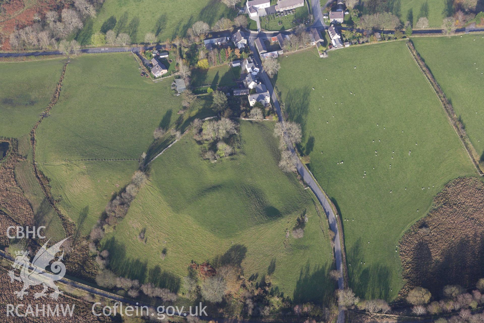 RCAHMW colour oblique aerial photograph of Ystrad Meurig Castle. Taken on 09 November 2009 by Toby Driver