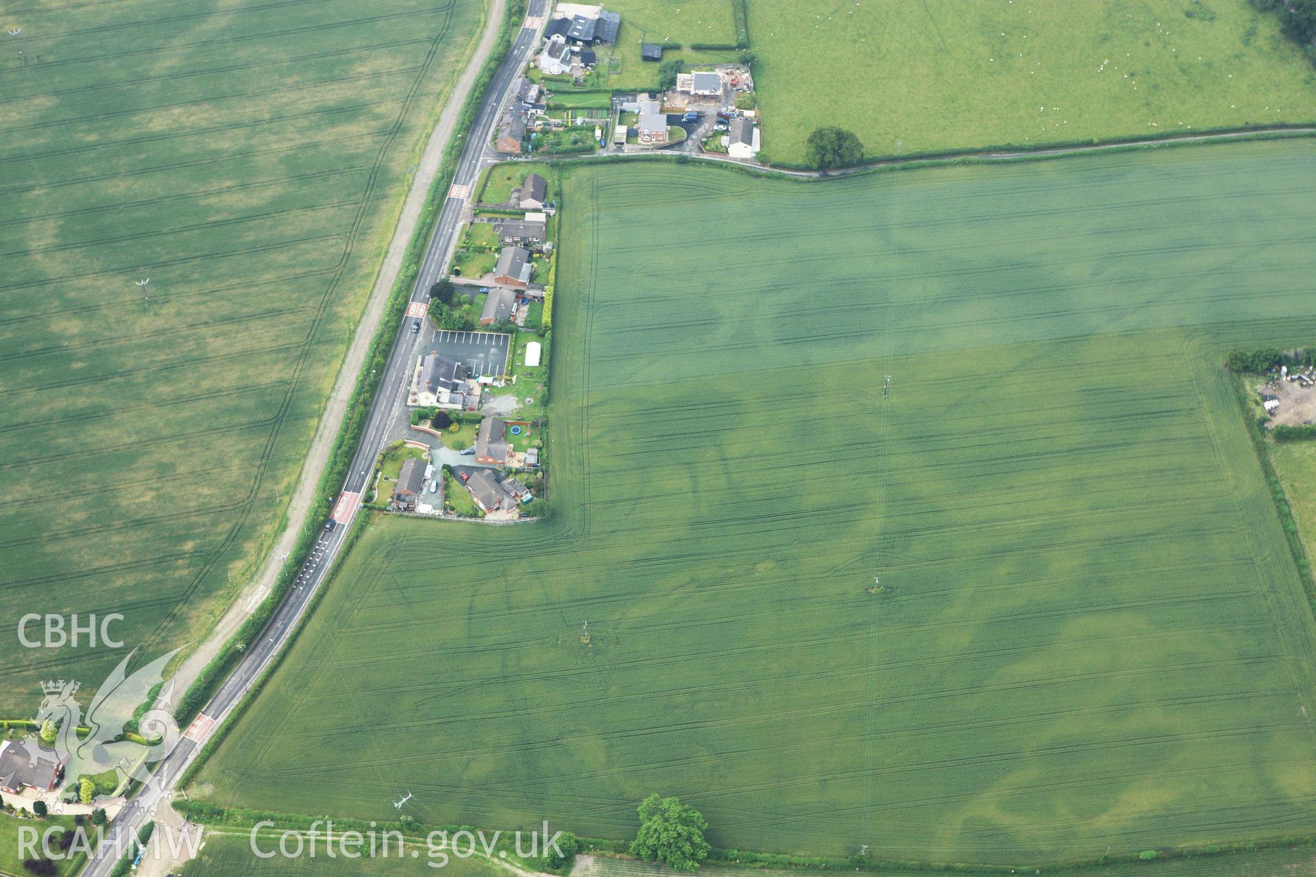 RCAHMW colour oblique aerial photograph of a defended enclosure at Llandrinio. Taken on 29 June 2009 by Toby Driver