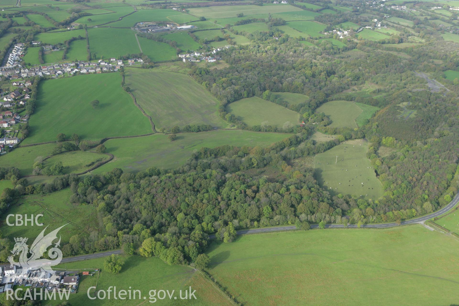 RCAHMW colour oblique aerial photograph of old coal levels at Maes Mawr, Pontyberem. Taken on 14 October 2009 by Toby Driver