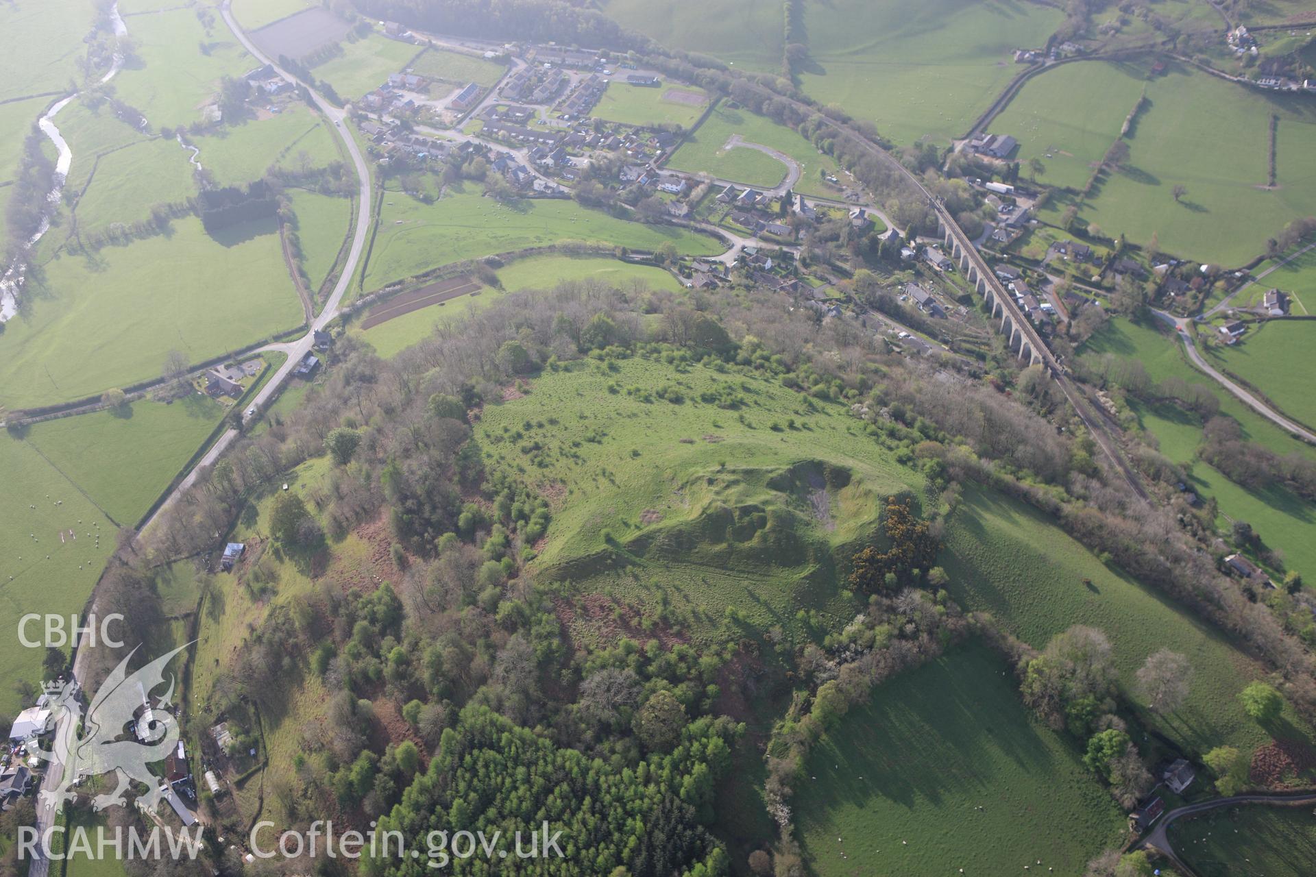RCAHMW colour oblique aerial photograph of Cnwclas Castle. Taken on 21 April 2009 by Toby Driver