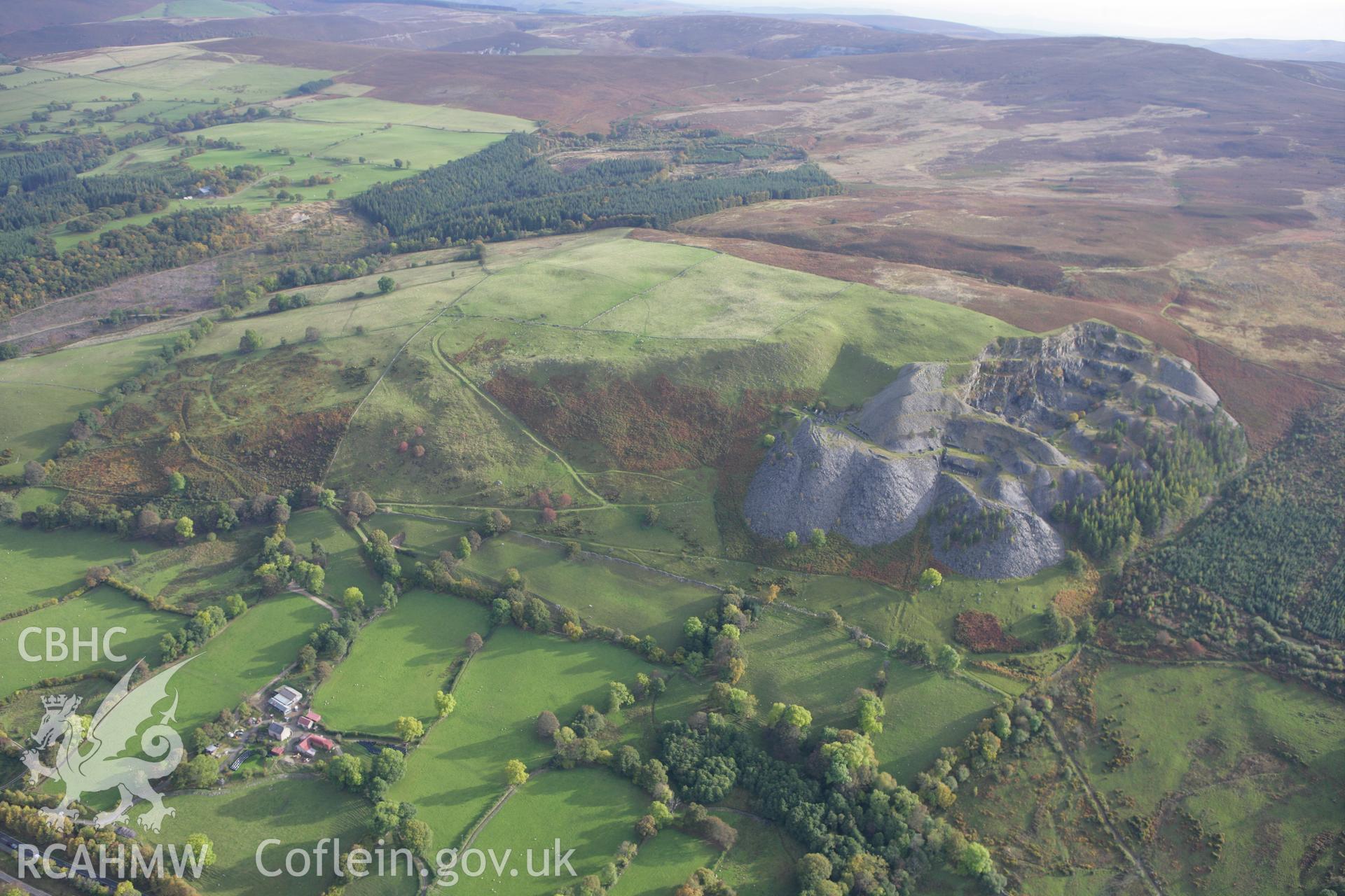 RCAHMW colour oblique aerial photograph of Penarth Slate Quarry, Corwen. Taken on 13 October 2009 by Toby Driver