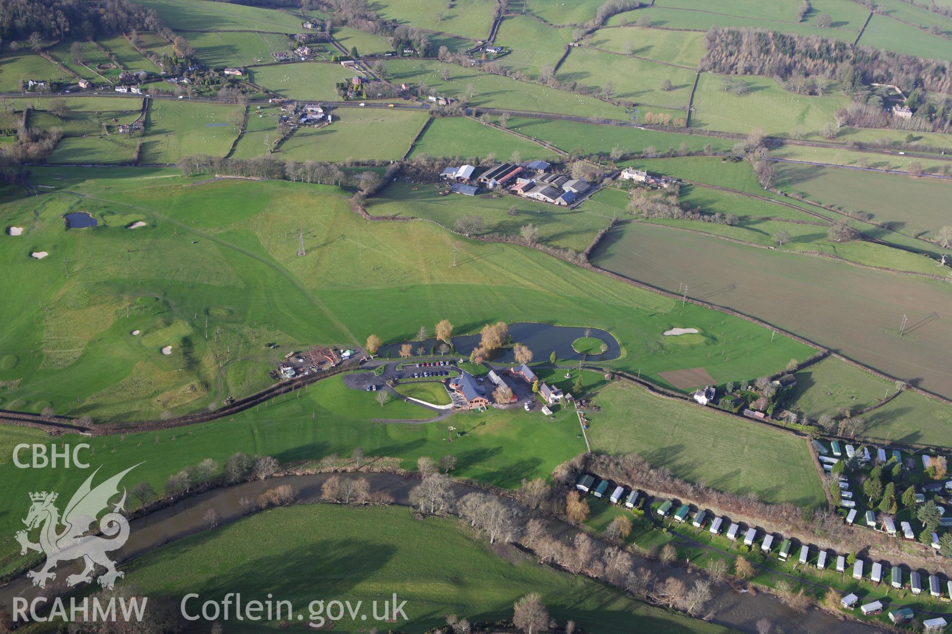RCAHMW colour oblique aerial photograph of Garthmyl Old Hall, Brynllwyn and the golf course. Taken on 10 December 2009 by Toby Driver
