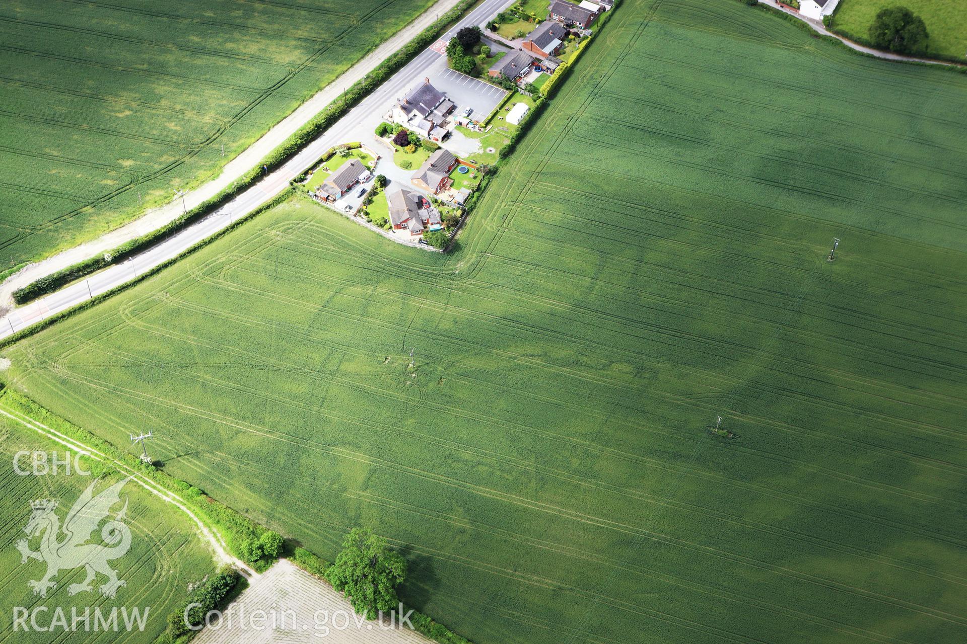 RCAHMW colour oblique photograph of Defended enclosure, Llandrinio. Taken by Toby Driver on 19/06/2009.