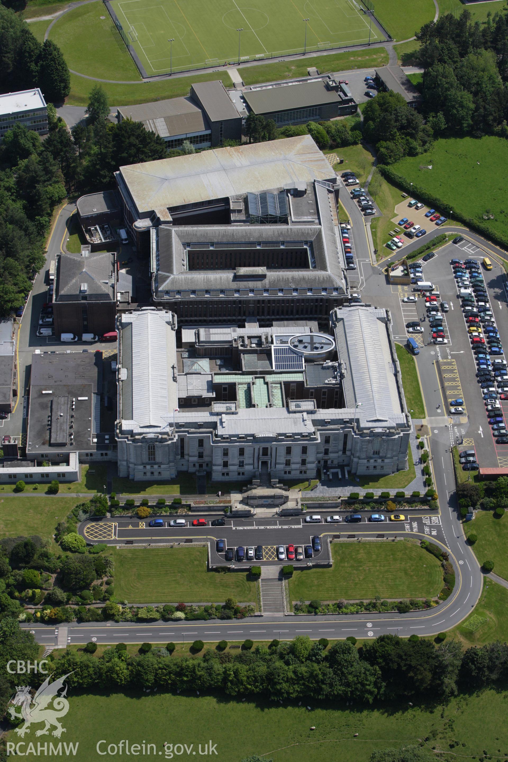 RCAHMW colour oblique aerial photograph of National Library of Wales, Aberystwyth. Taken on 02 June 2009 by Toby Driver