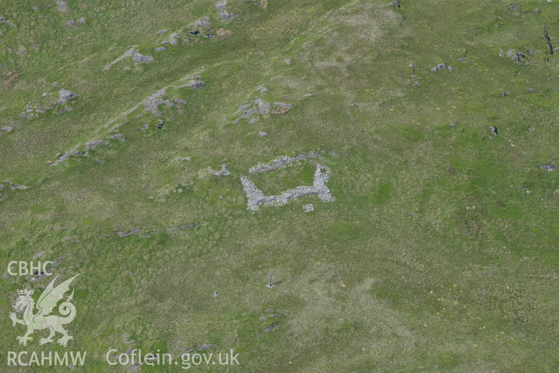 RCAHMW colour oblique aerial photograph of a ruin on Foel Cae'r Berllan, possibly a sheep fold.. Taken on 02 June 2009 by Toby Driver