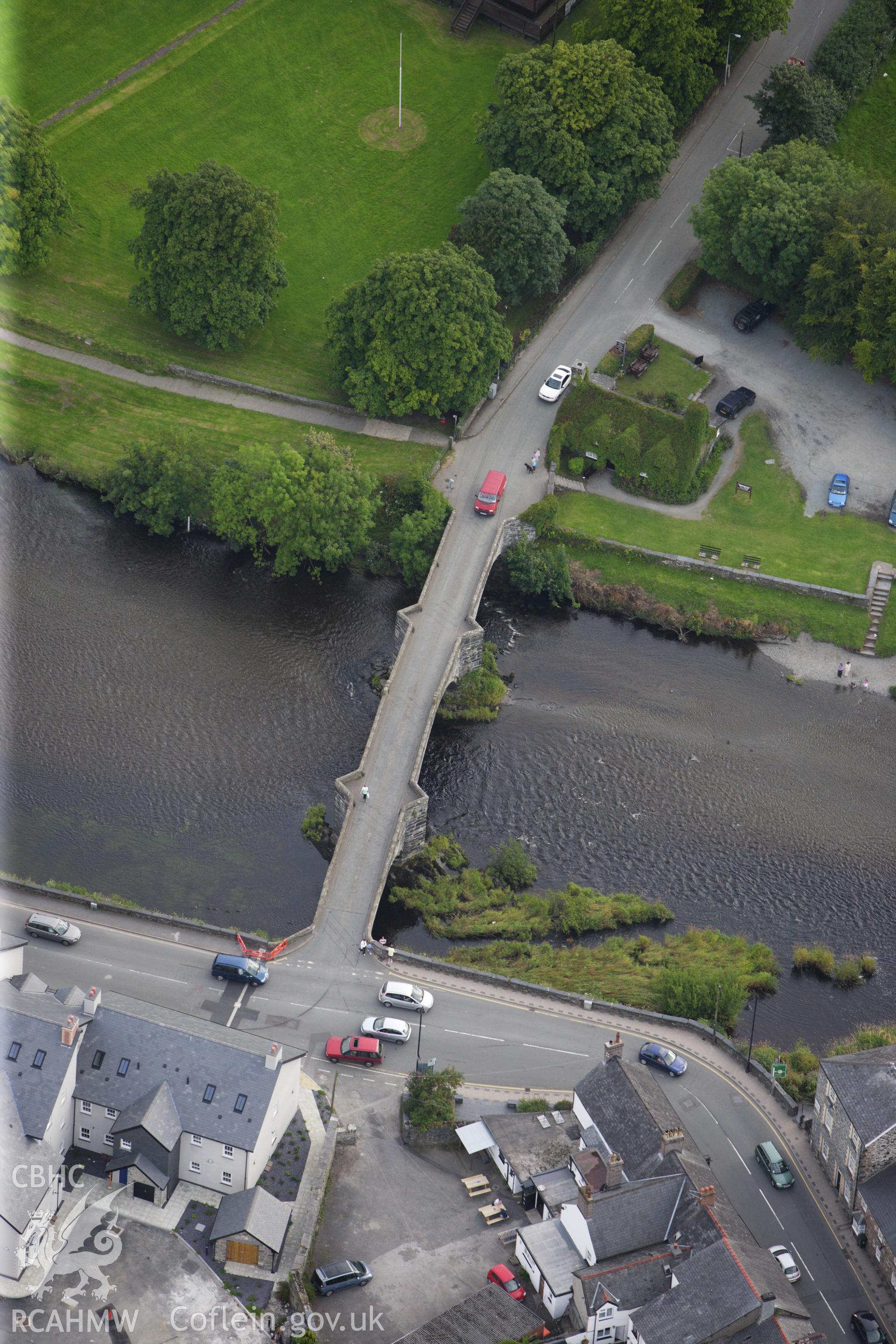 RCAHMW colour oblique aerial photograph of Llanrwst Bridge. Taken on 06 August 2009 by Toby Driver