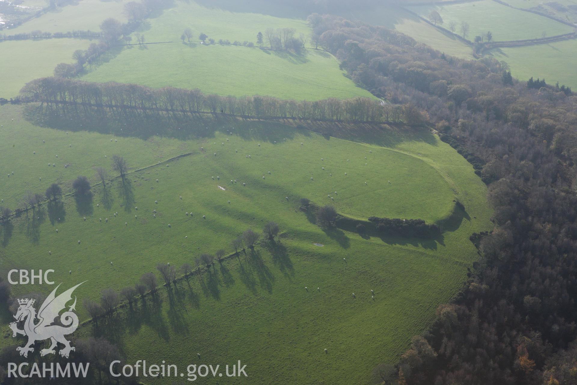 RCAHMW colour oblique aerial photograph of Castell Allt-Goch, Lampeter. Taken on 09 November 2009 by Toby Driver