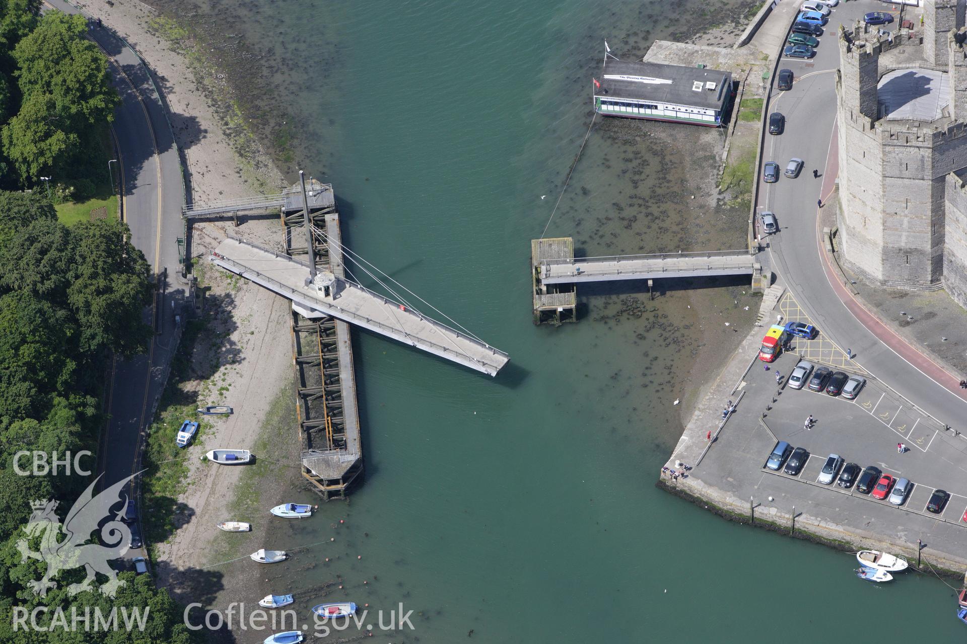 RCAHMW colour oblique aerial photograph of Caernarfon Swing Bridge. Taken on 16 June 2009 by Toby Driver