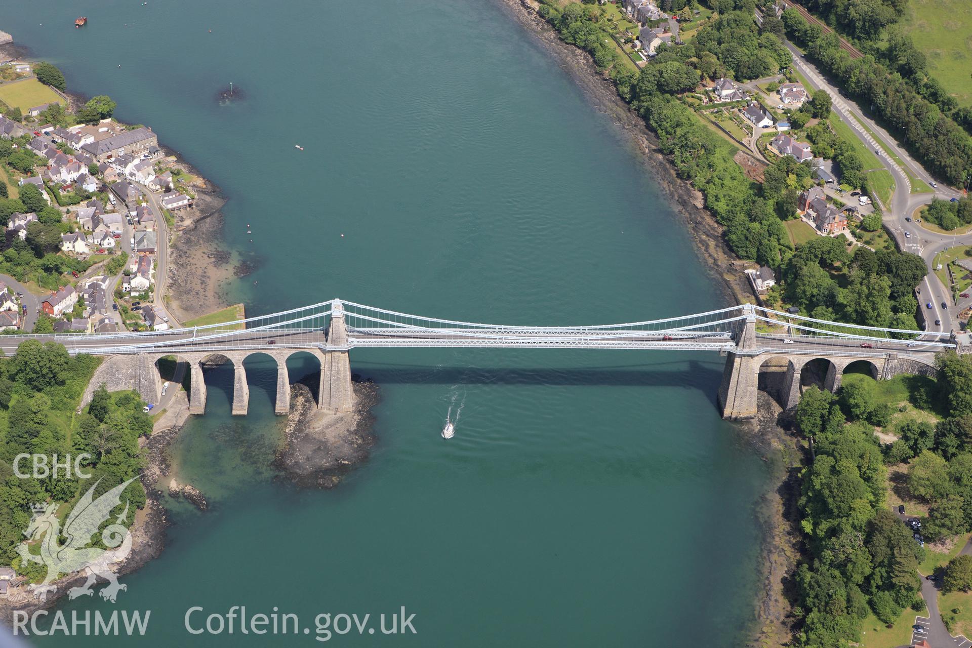 RCAHMW colour oblique aerial photograph of Menai Suspension Bridge. Taken on 16 June 2009 by Toby Driver