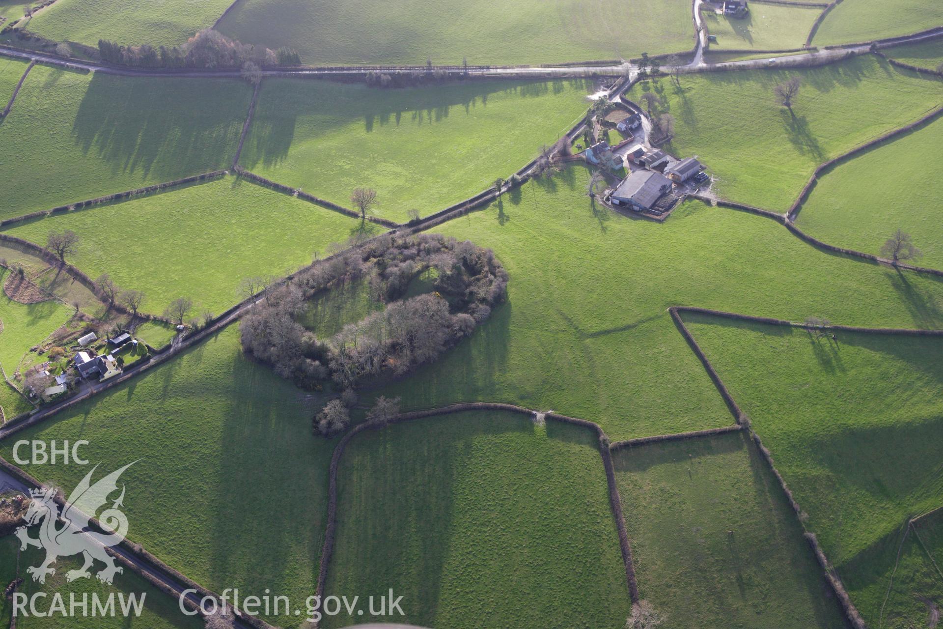 RCAHMW colour oblique aerial photograph of motte and bailey at Hen Domen, Montgomery. Taken on 10 December 2009 by Toby Driver