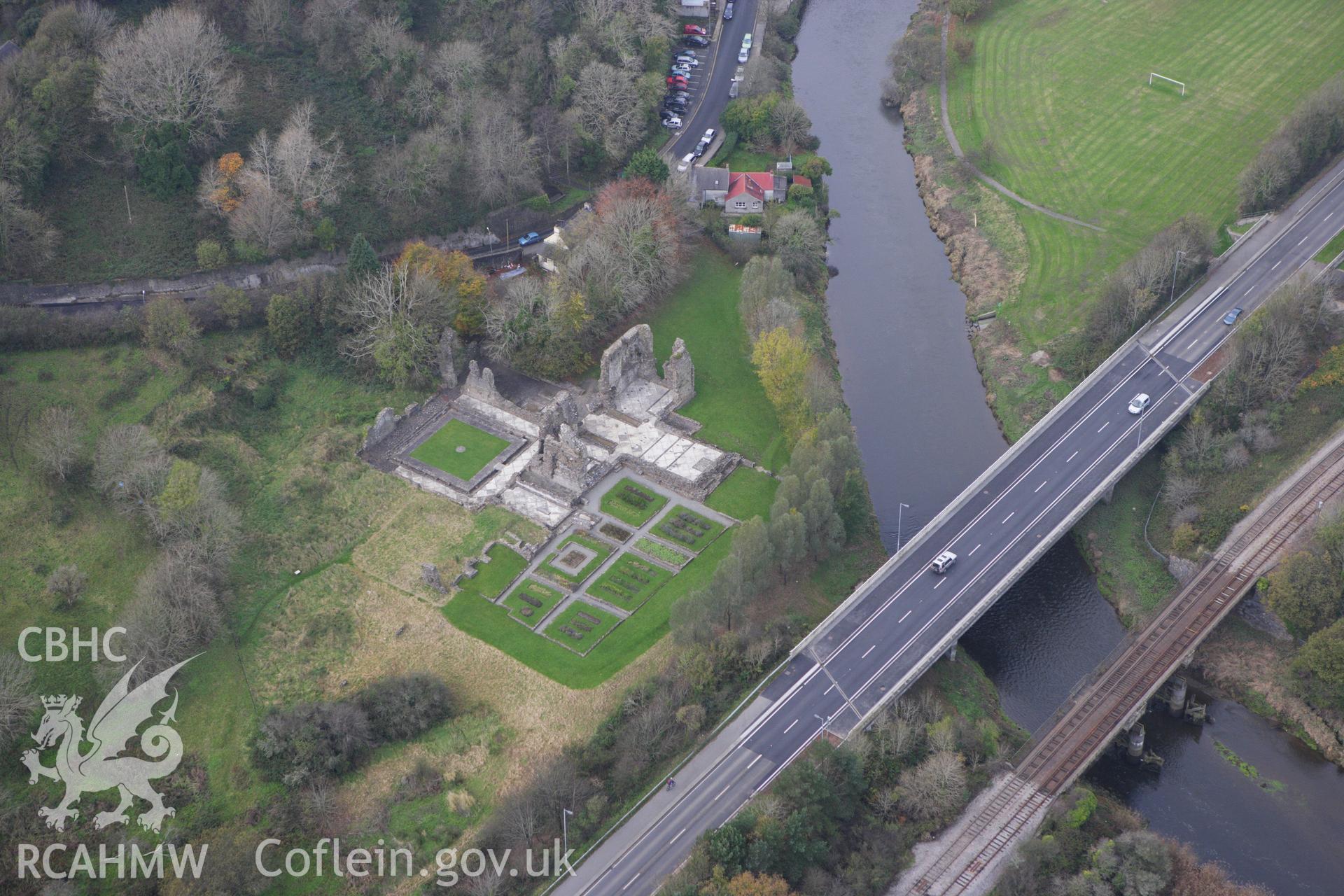 RCAHMW colour oblique aerial photograph of Priory of St Mary and St Thomas The Martyr, Haverfordwest. Taken on 09 November 2009 by Toby Driver