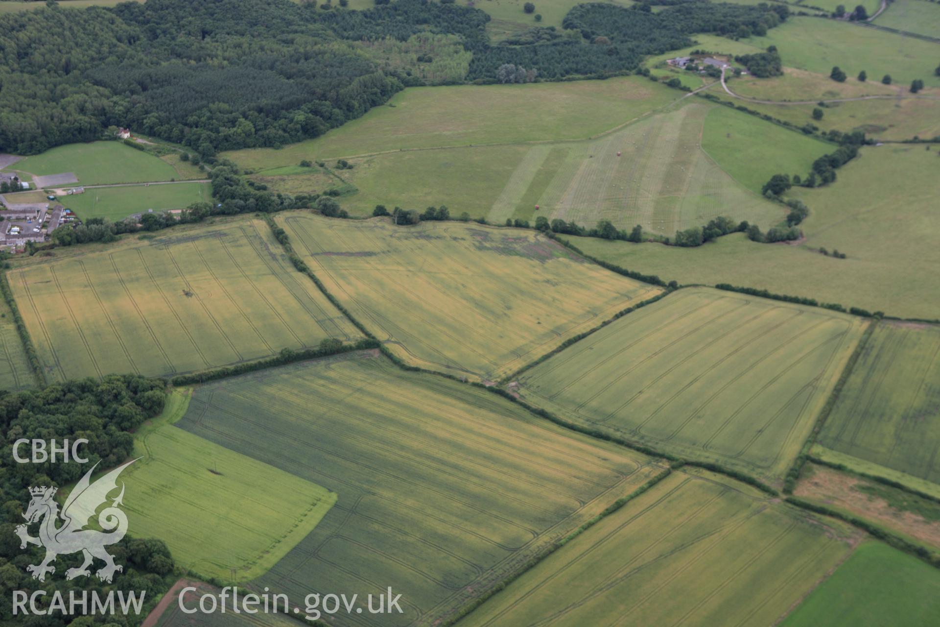 RCAHMW colour oblique aerial photograph of Monks Ditch showing cropmarks of strip field systems. Taken on 09 July 2009 by Toby Driver