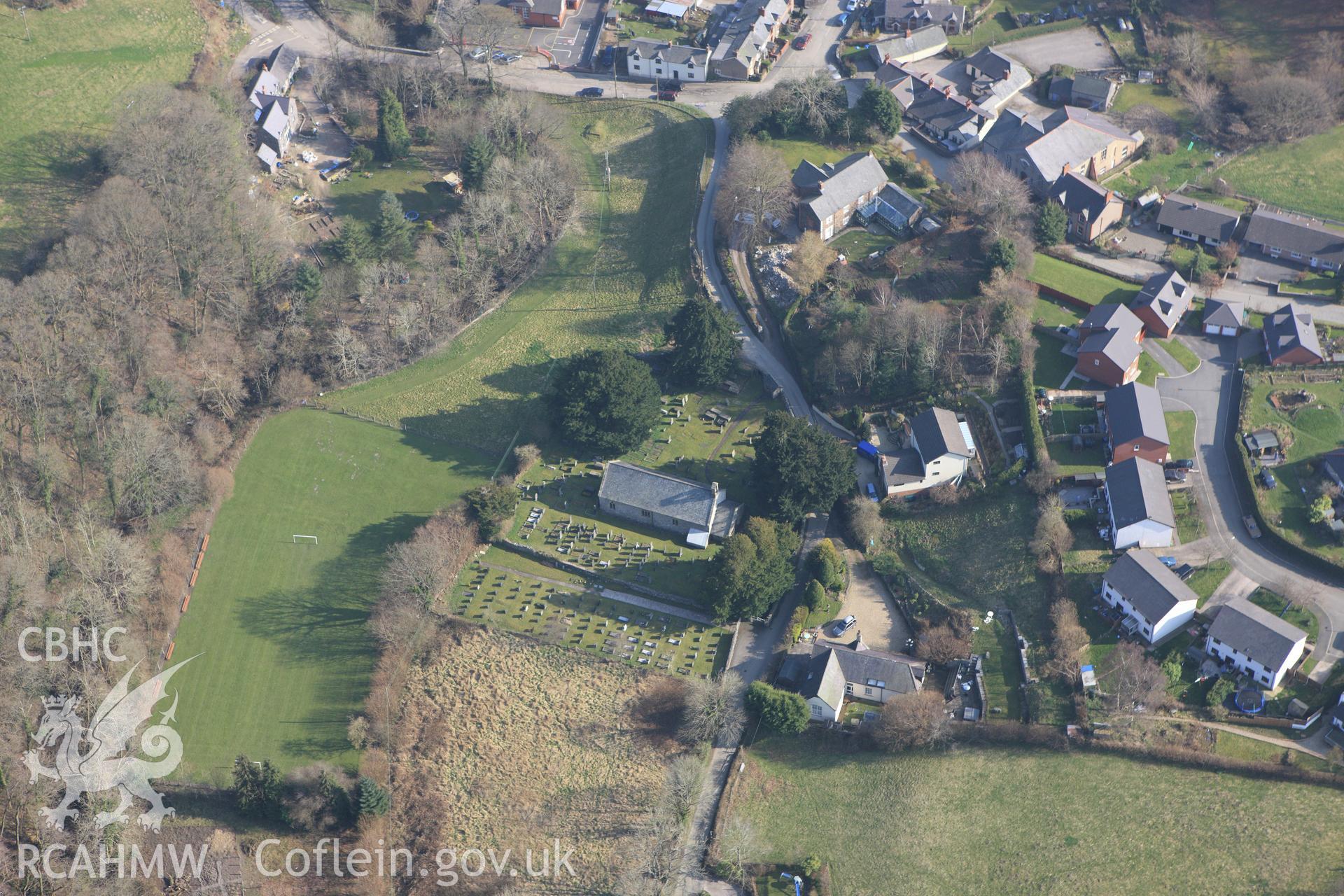 RCAHMW colour oblique photograph of Cyffyliog village, with St. Mary's church. Taken by Toby Driver on 18/03/2009.
