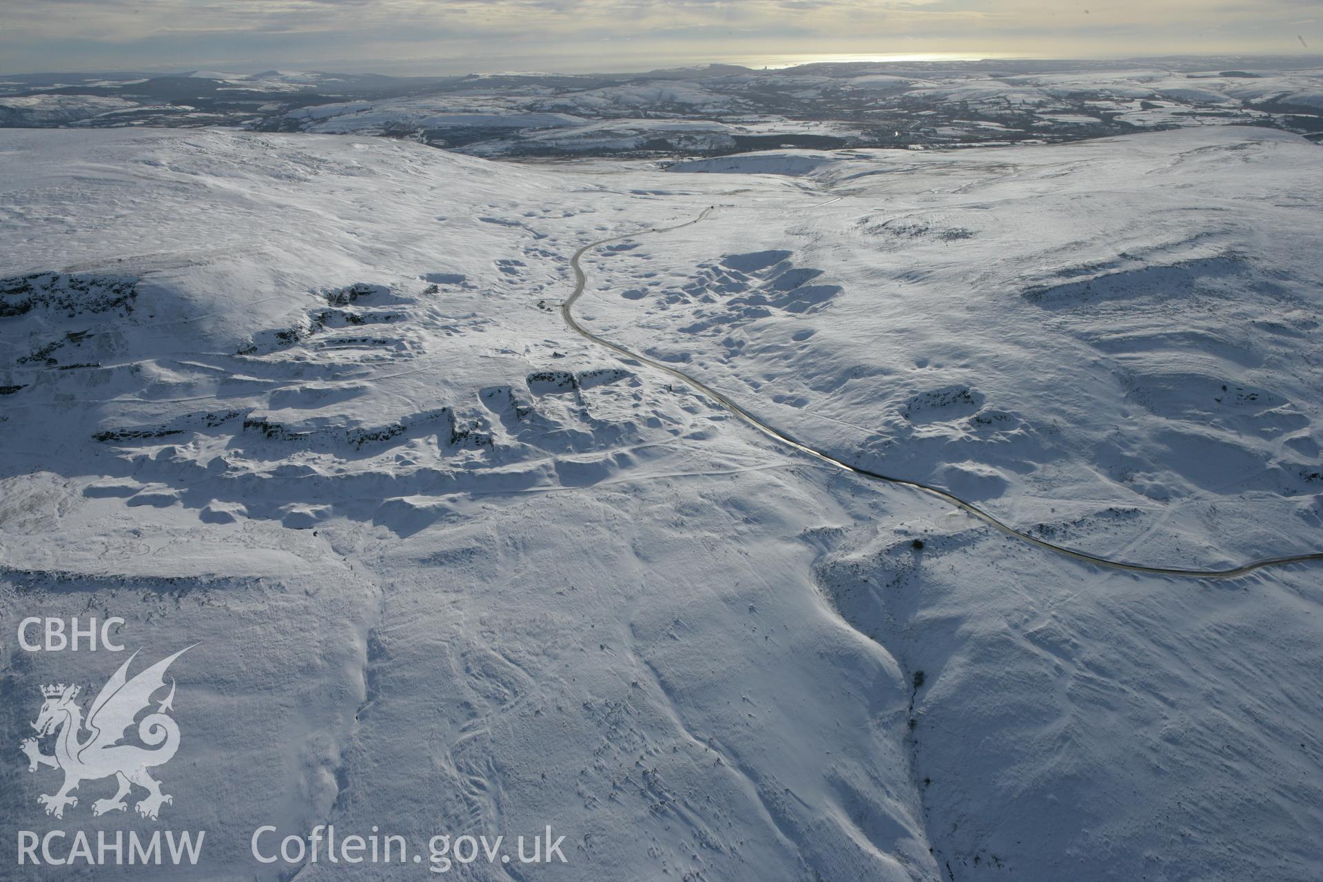 RCAHMW colour oblique photograph of Foel Fawr quarry complex and braided trackways. Taken by Toby Driver on 06/02/2009.