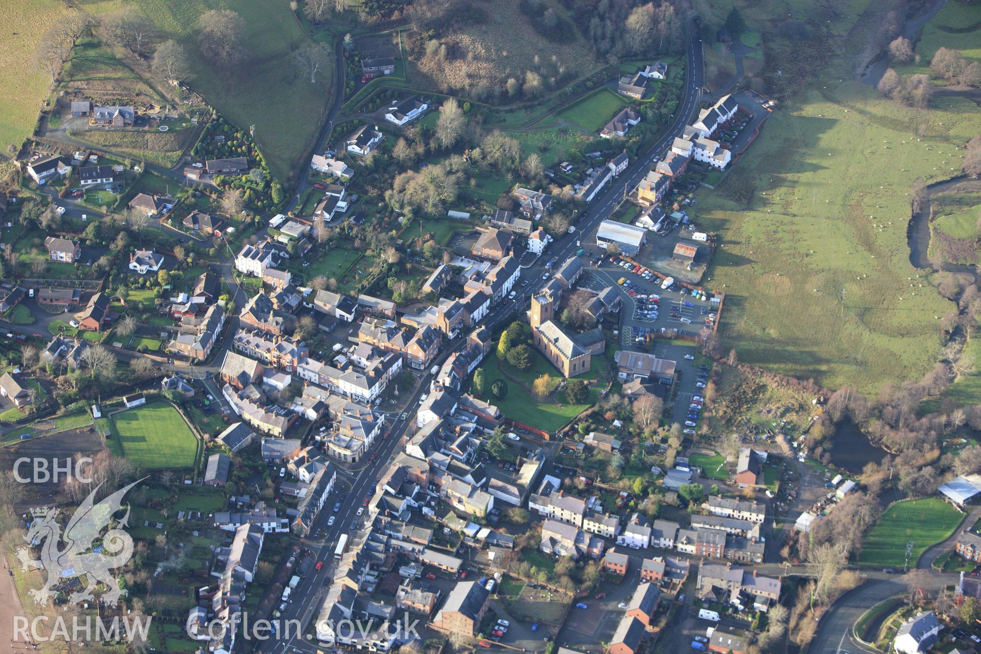 RCAHMW colour oblique aerial photograph of Llanfyllin village. Taken on 10 December 2009 by Toby Driver