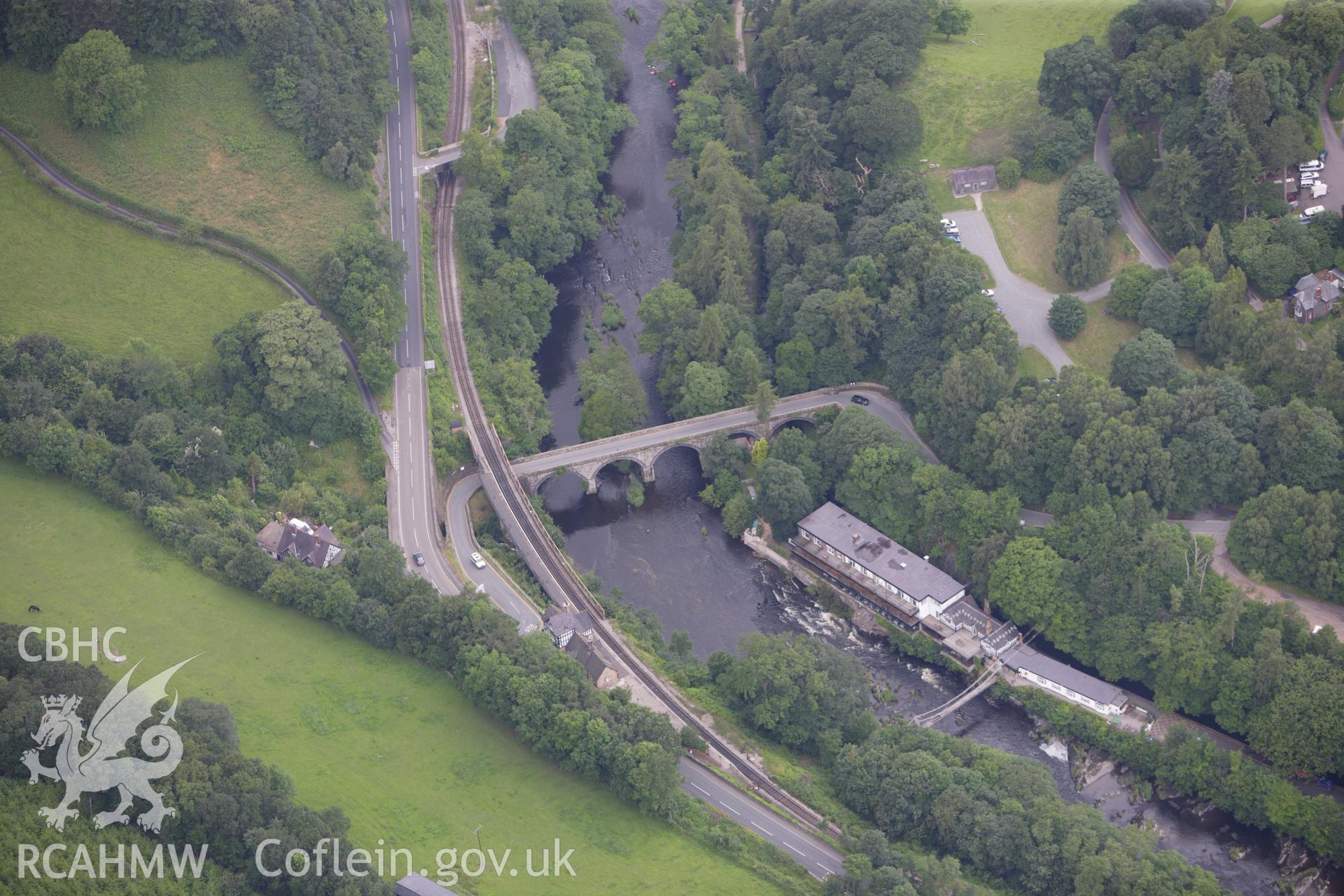 RCAHMW colour oblique aerial photograph of King's Bridge, Llantysilio. Taken on 08 July 2009 by Toby Driver