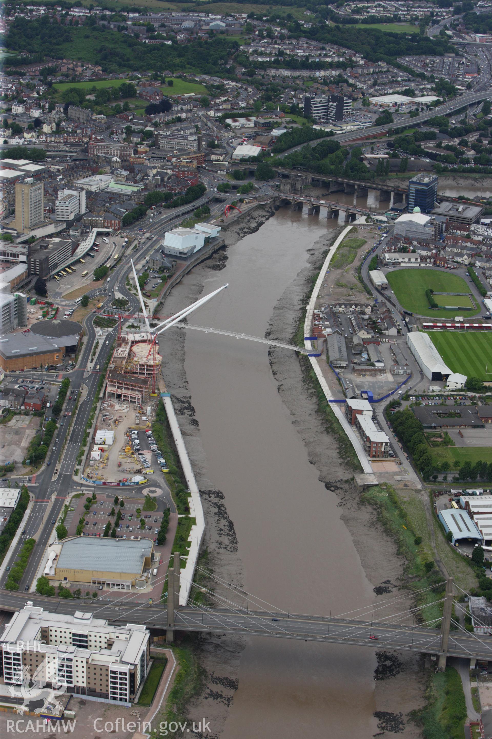 RCAHMW colour oblique aerial photograph of George Street Bridge, Newport. Taken on 09 July 2009 by Toby Driver