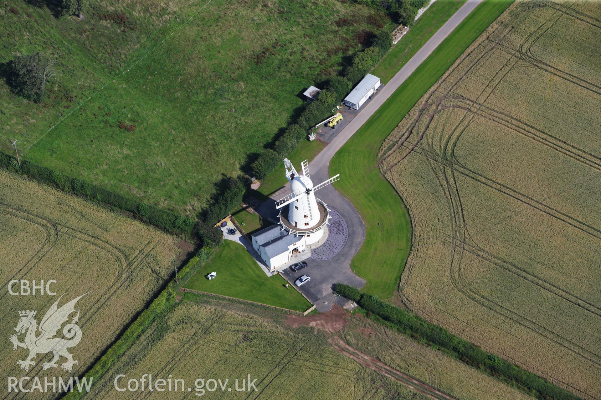 RCAHMW colour oblique aerial photograph of Llancayo Farm Windmill, near Usk. Taken on 23 July 2009 by Toby Driver