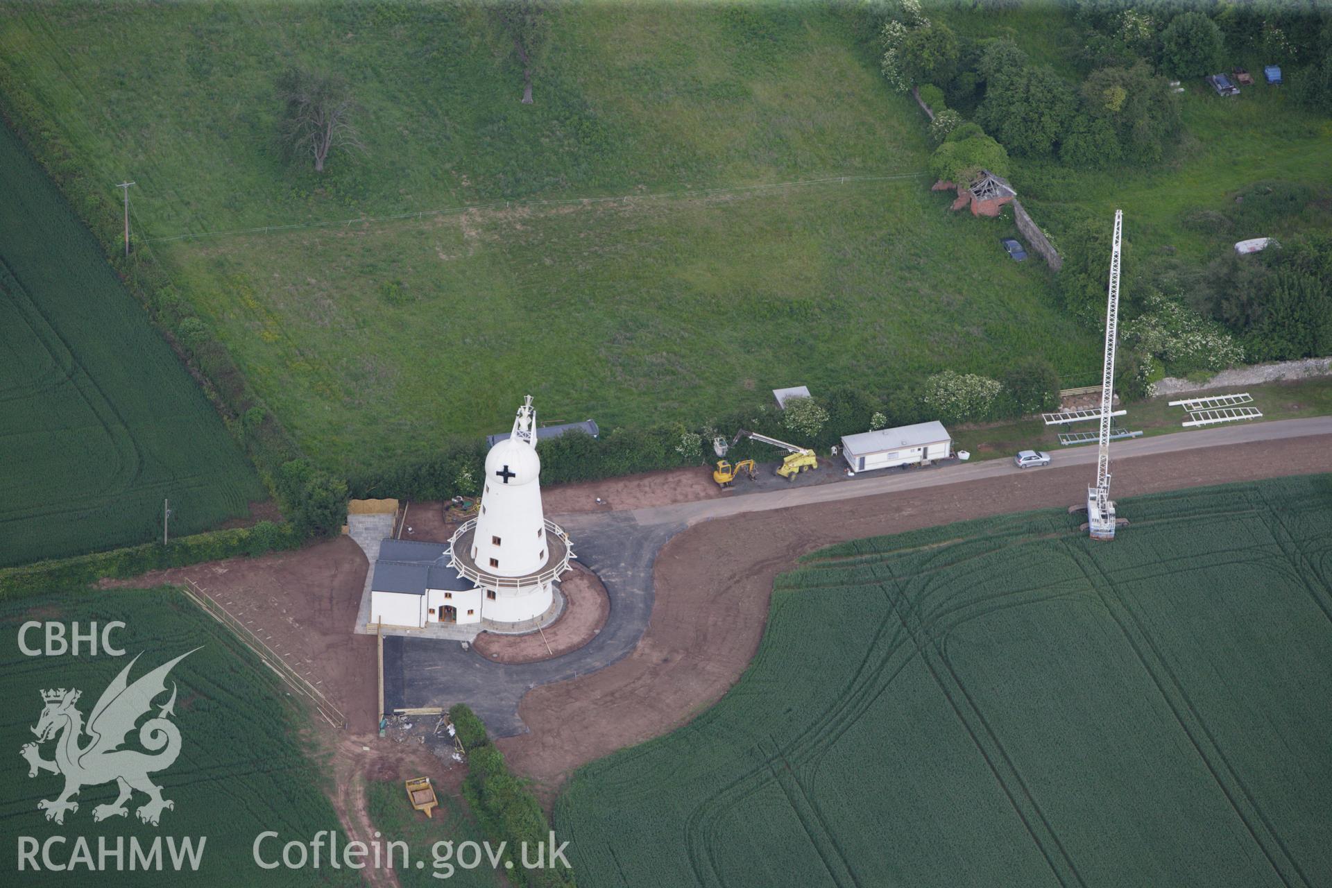 RCAHMW colour oblique aerial photograph of Llancayo Farm Windmill, near Usk. Taken on 11 June 2009 by Toby Driver