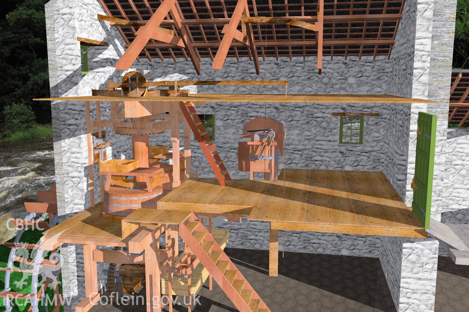 Digital 3D drawing relating to Cenarth mill.