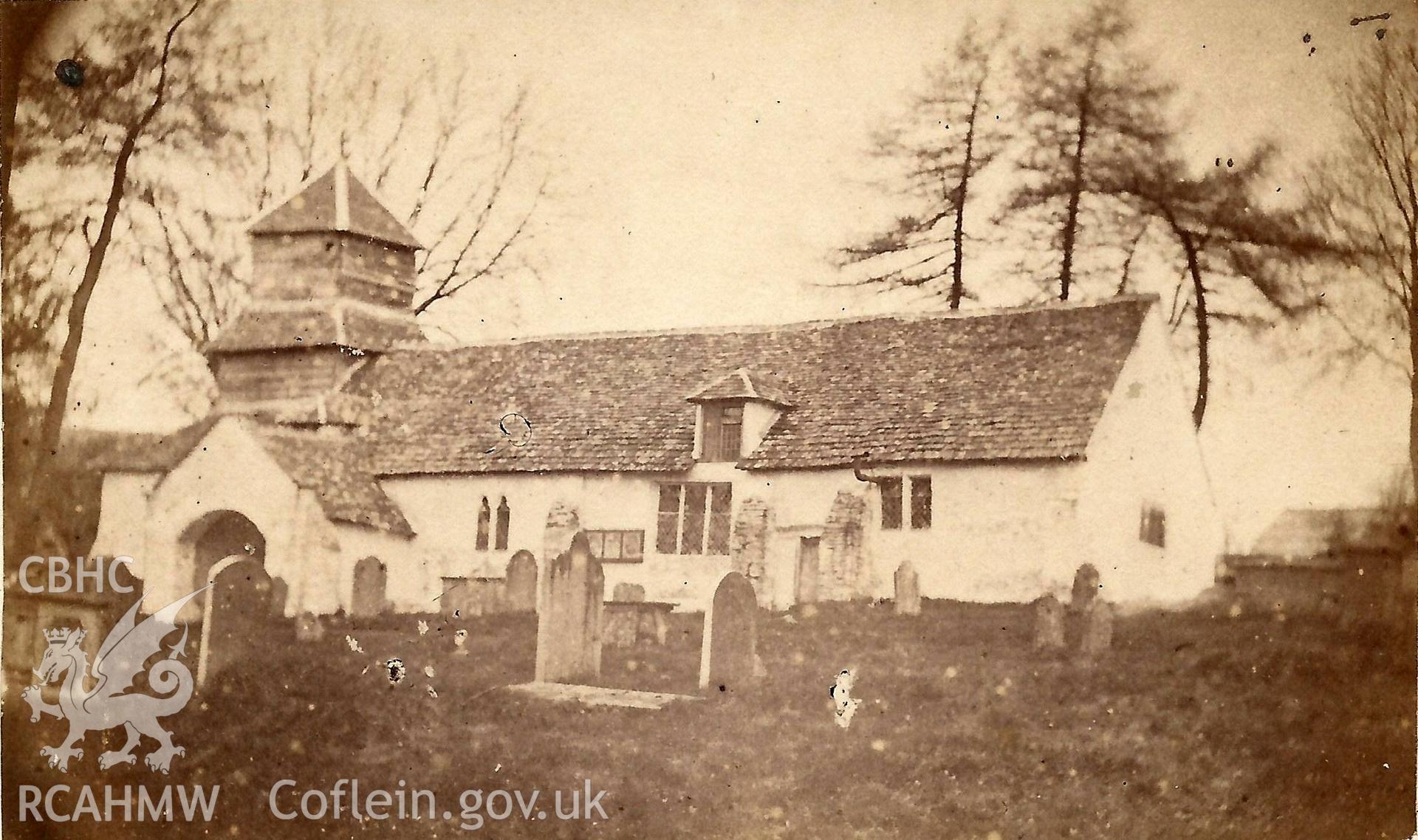 Digital scan of a carte-de-visite photograph of St. Andrew's Church, Norton, Presteigne. The original was taken by William Henry Lloyd of Knighton, c. 1864. The image shows the church from the south-east, and predates the rebuilding of the church by George Gilbert Scott in 1868.