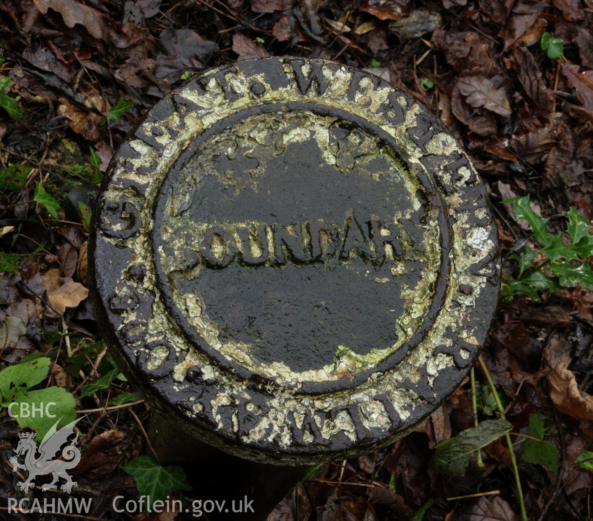 Colour photo showing one of the northern boundary markers, taken by Mark Evans, January 2017.