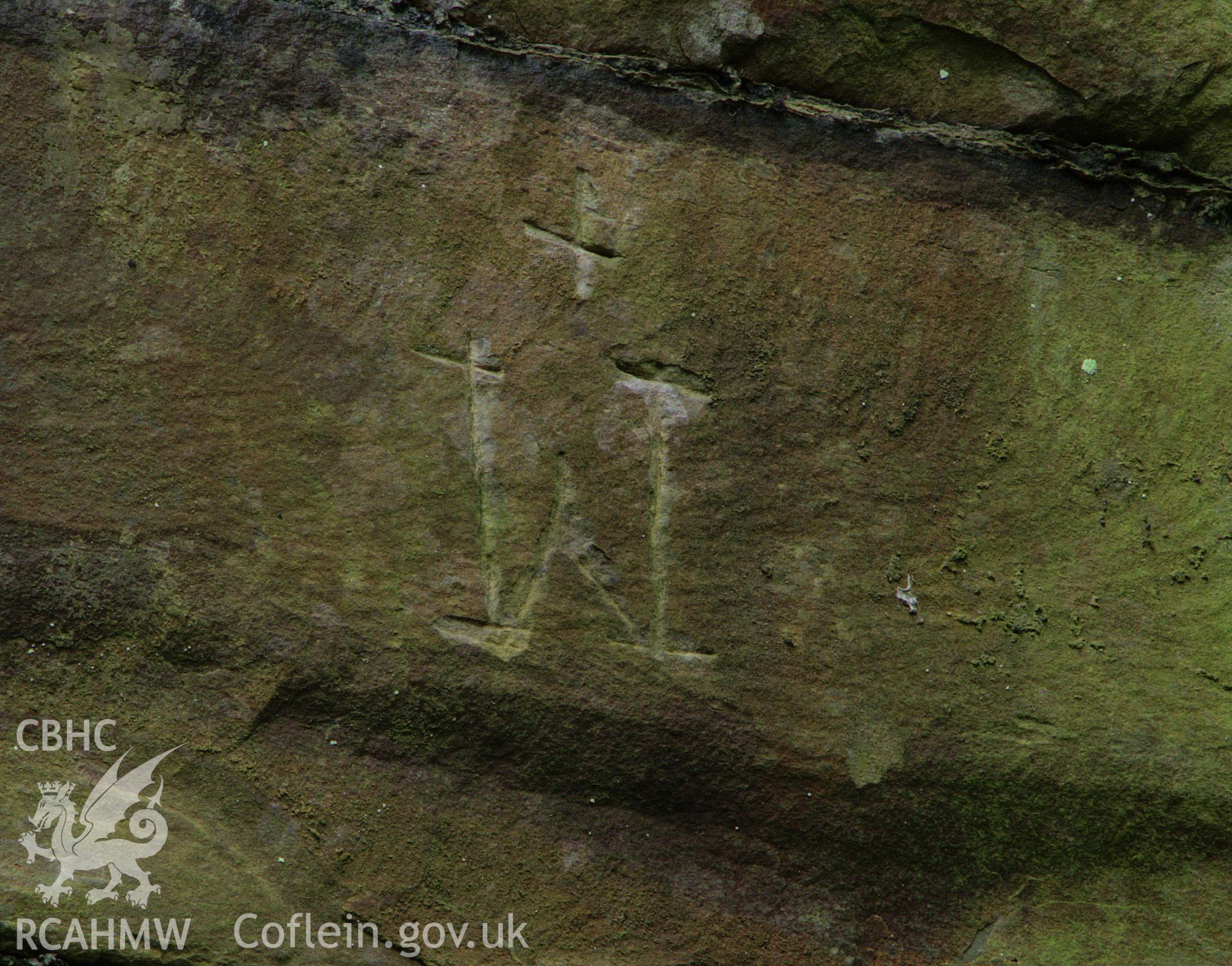 Colour photo showing mason's marks on the stone piers of the viaduct, taken by Mark Evans, January 2017.
