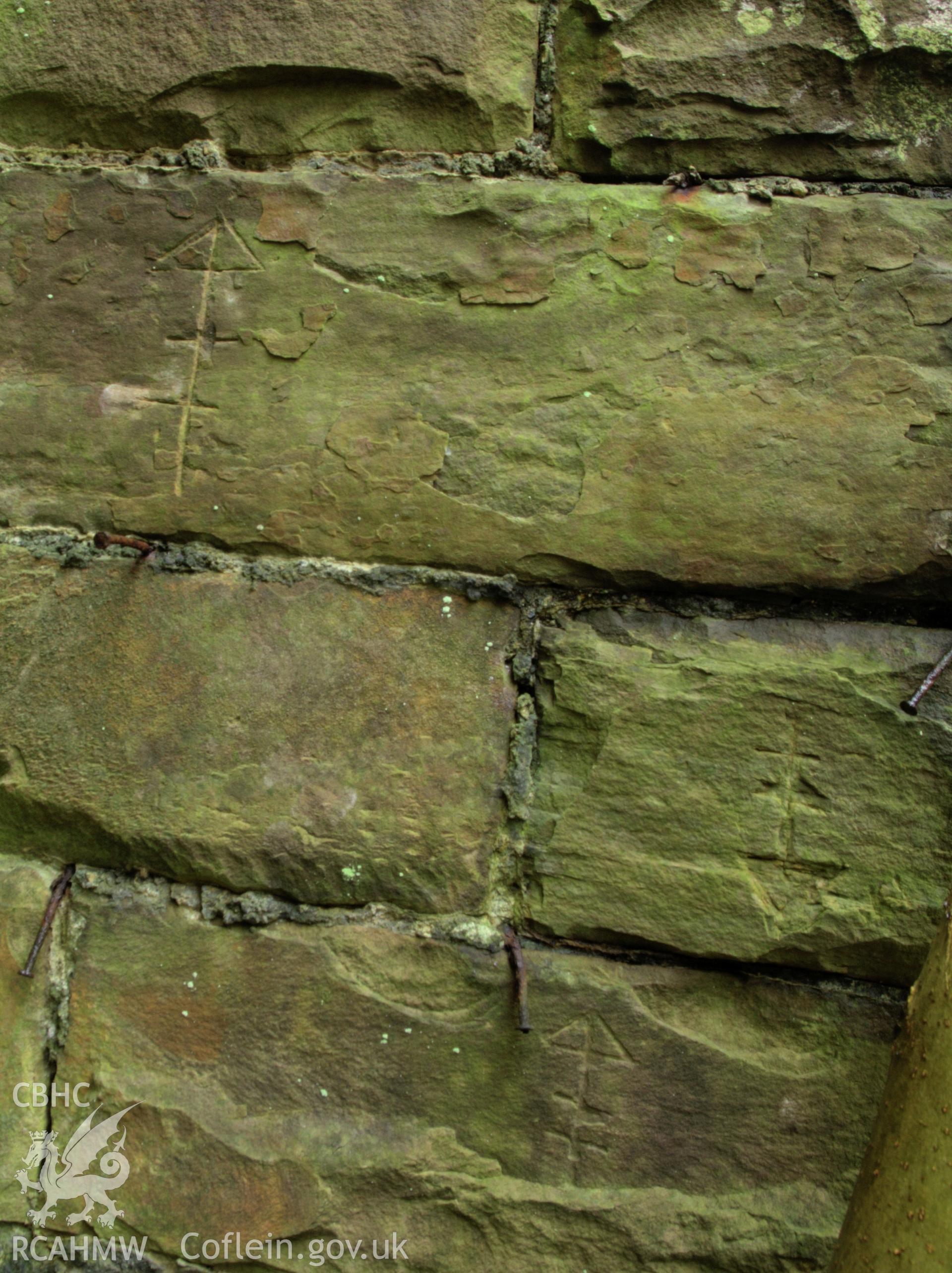 Colour photo showing masons marks on the stone piers of the viaduct, taken by Mark Evans, January 2017.