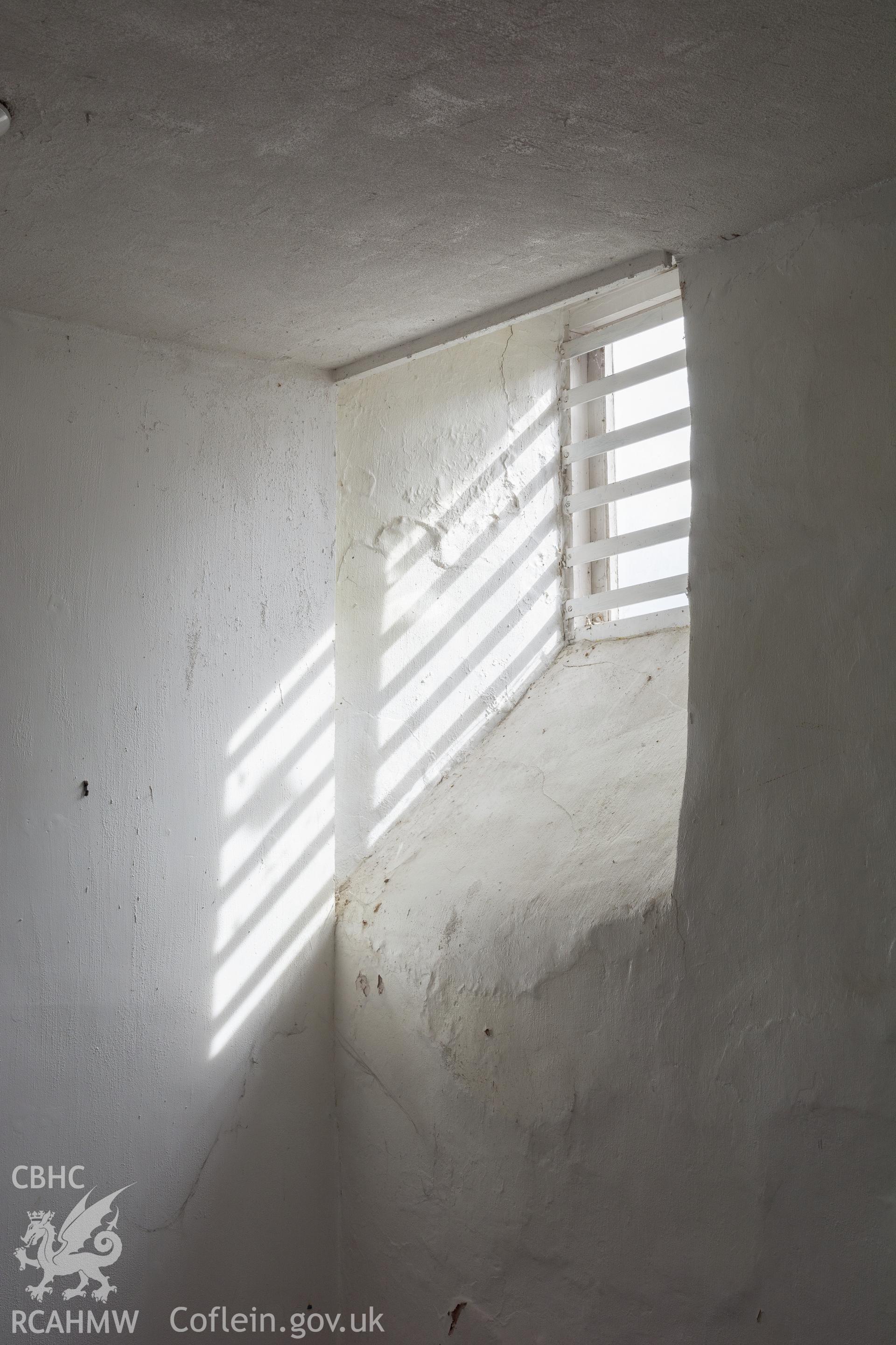 Interior view of chapel wing: first-floor  stair window , taken by Martin Crampin for RCAHMW 21st March 2017.