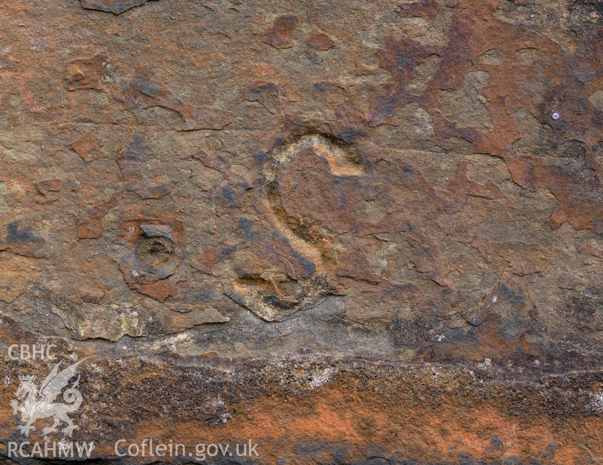 Colour photo showing mason's marks on the stone piers of the viaduct, taken by Mark Evans, January 2017.