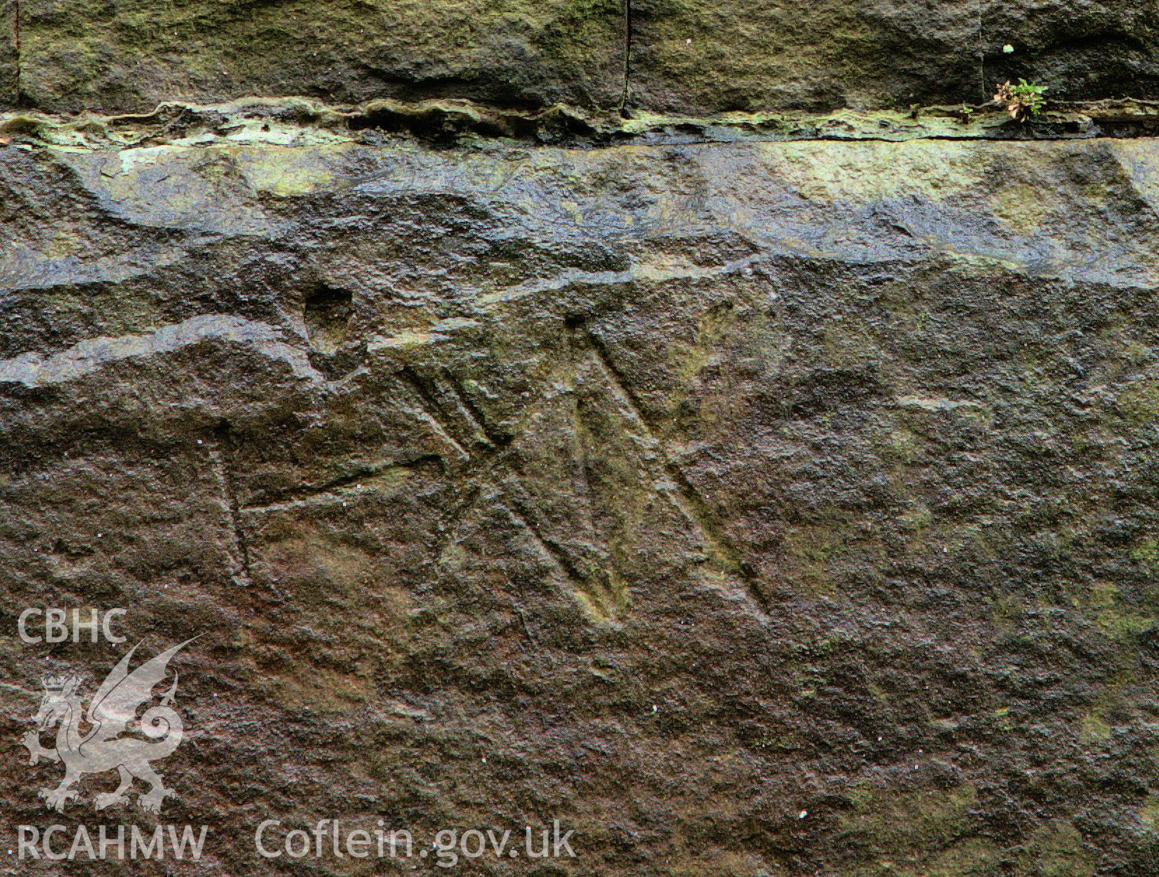 Colour photo showing masons marks on the stone piers of the viaduct, taken by Mark Evans, January 2017.