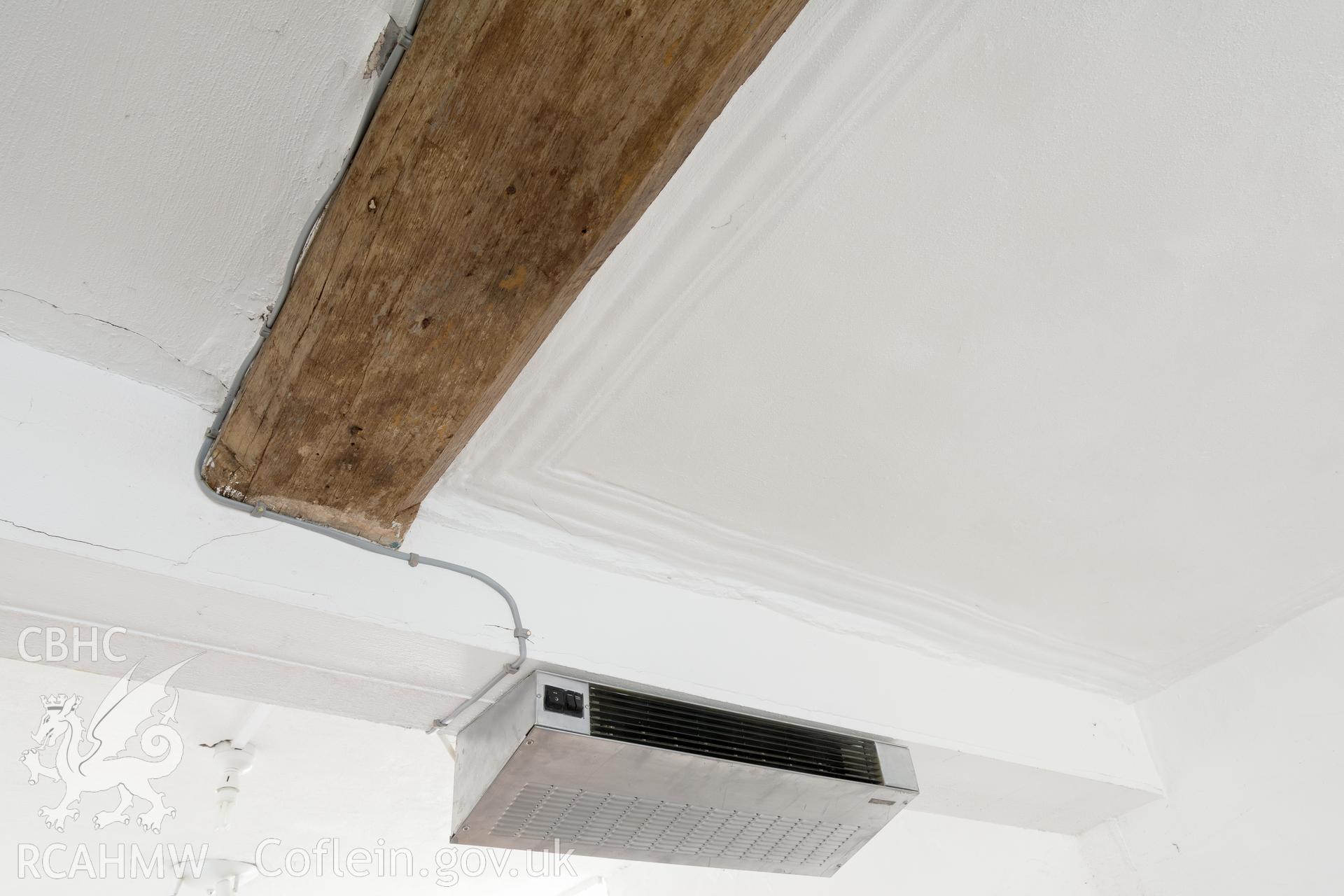 Interior view of chapel  wing: first-floor  ogee-stopped beam and ceiling moulding, taken by Martin Crampin for RCAHMW 21st March 2017.