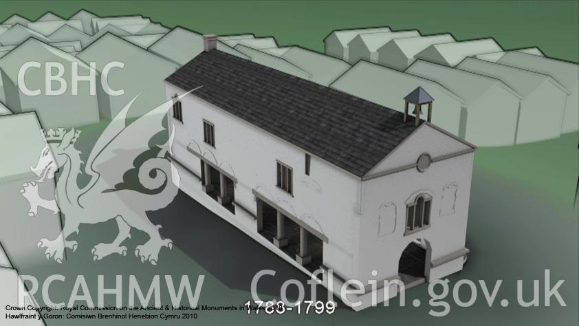 Still taken from the animation of the Denbigh Town Hall model highlighting the phasing - Phase II, from an RCAHMW digital survey carried out by Susan Fielding, 04/08/2005 to 21/09/2005, as part of the Denbigh Town Heritage Initiative.
