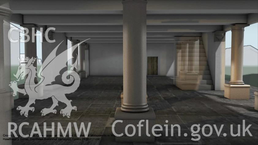 Still taken from the animation of the Denbigh Town Hall model highlighting the phasing - Phase I interior, from an RCAHMW digital survey carried out by Susan Fielding, 04/08/2005 to 21/09/2005, as part of the Denbigh Town Heritage Initiative.