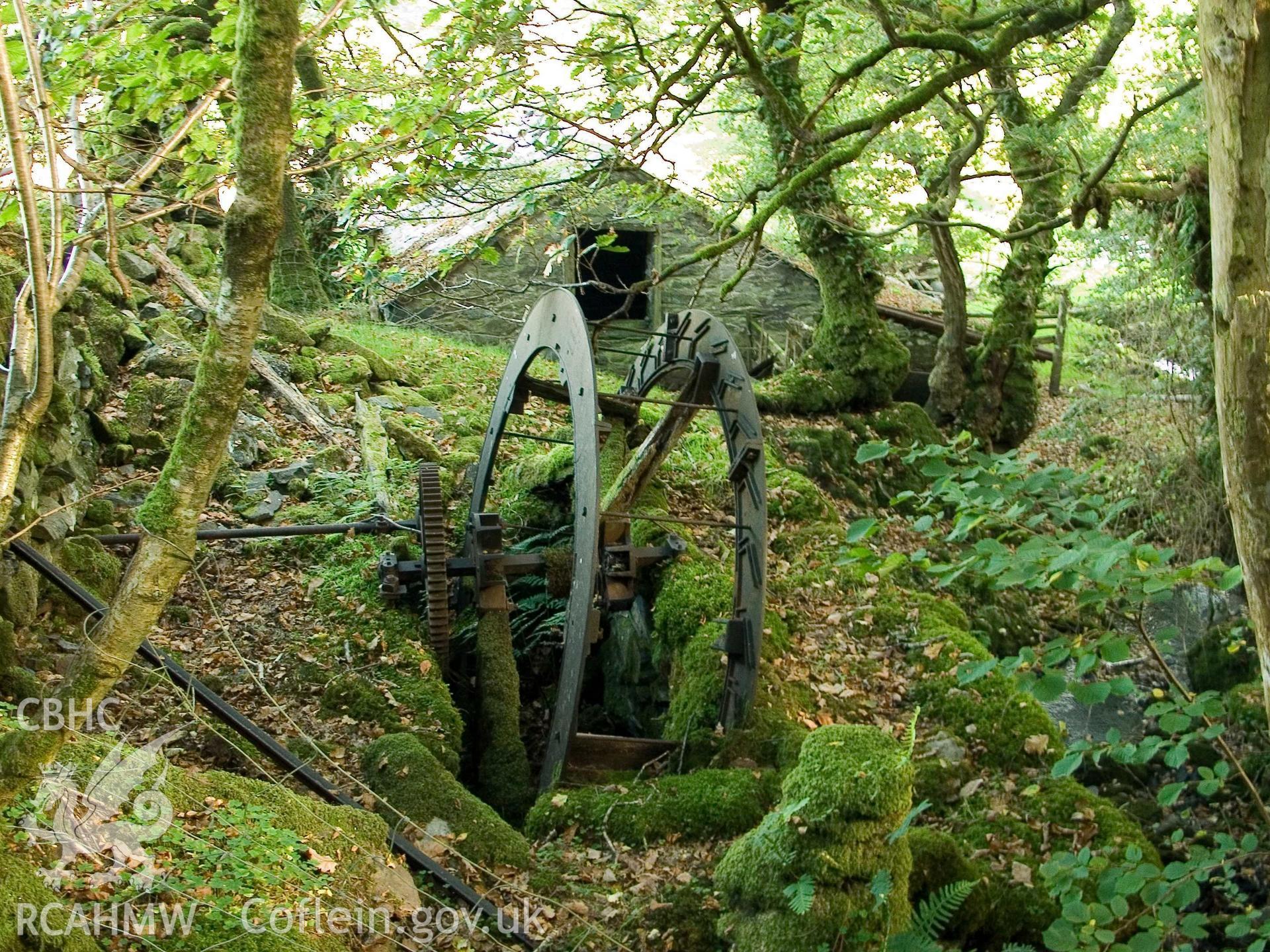 Digital colour photograph of the water wheel at Ysgubor Goch, Trefriw taken by David Howarth, undated.
