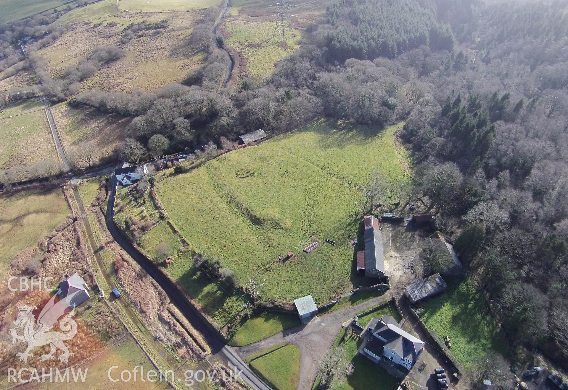 Aerial photograph showing Llangynwyd Castle taken by Paul Davis, 27th February 2015.