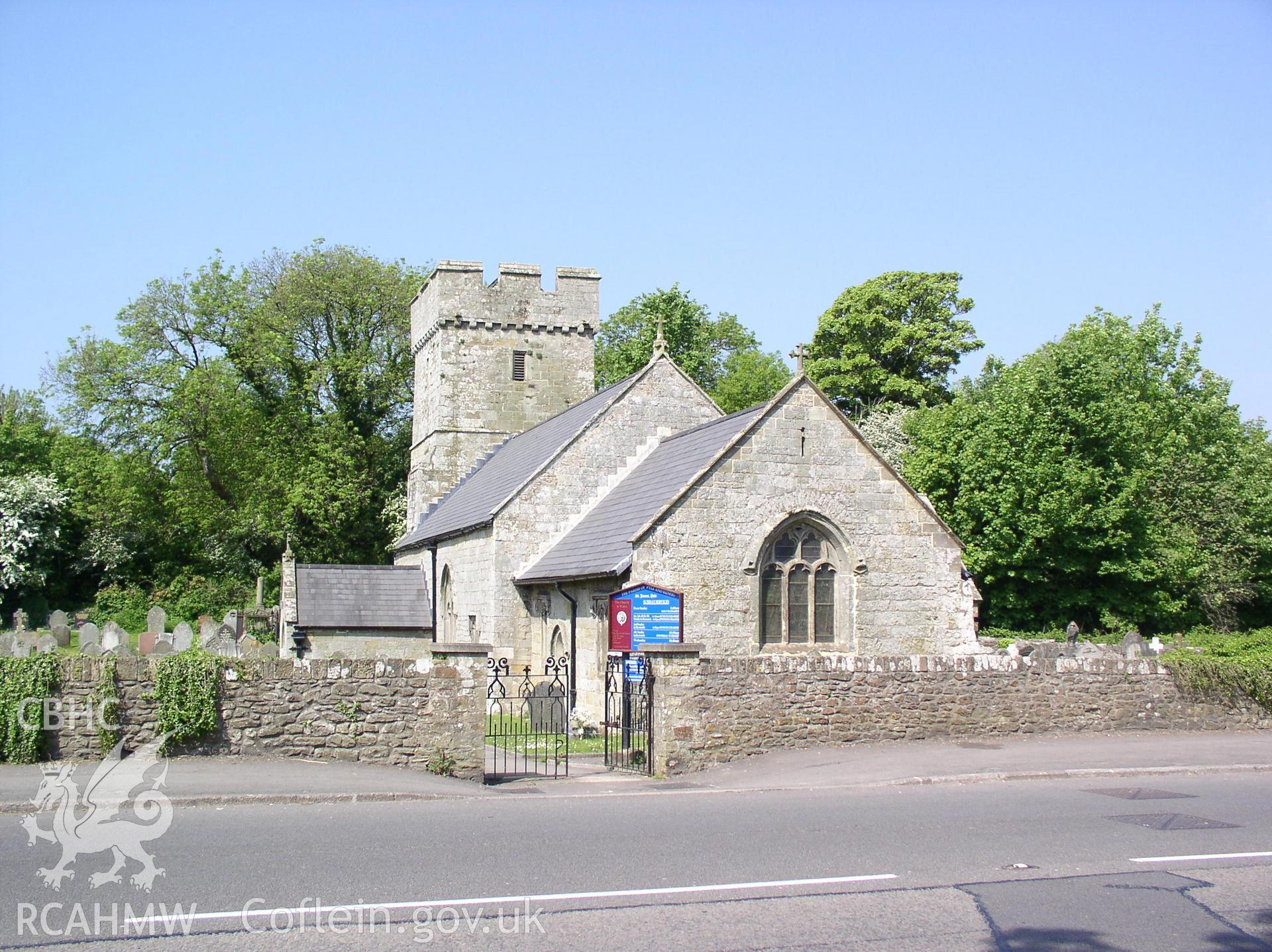Colour digital photograph showing a three-quarter elevation view of St James' Church, Pyle; Glamorgan.