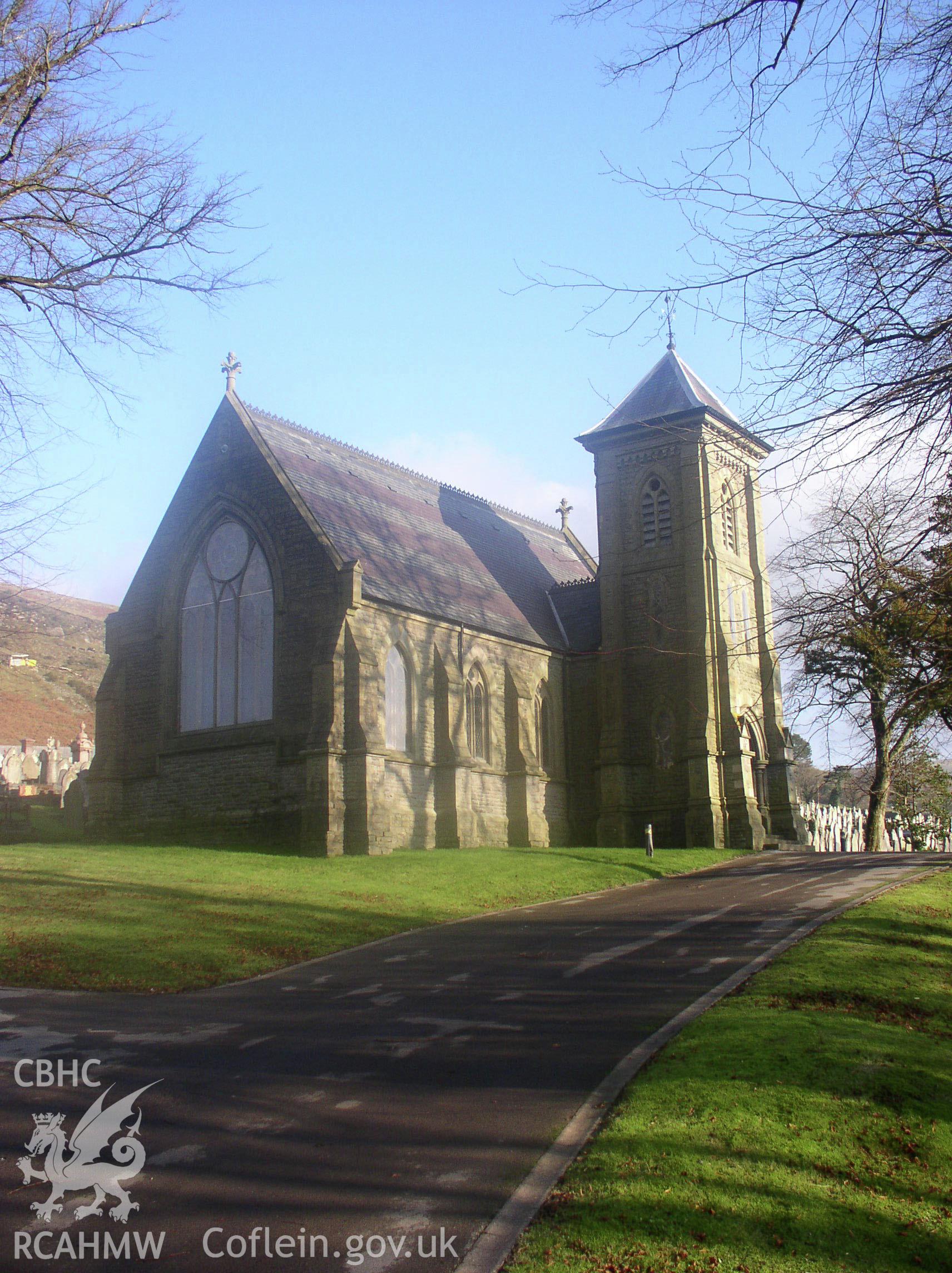 Colour digital photograph showing a three quarter elevation view of Trealaw cemetery chapel, Glamorgan.