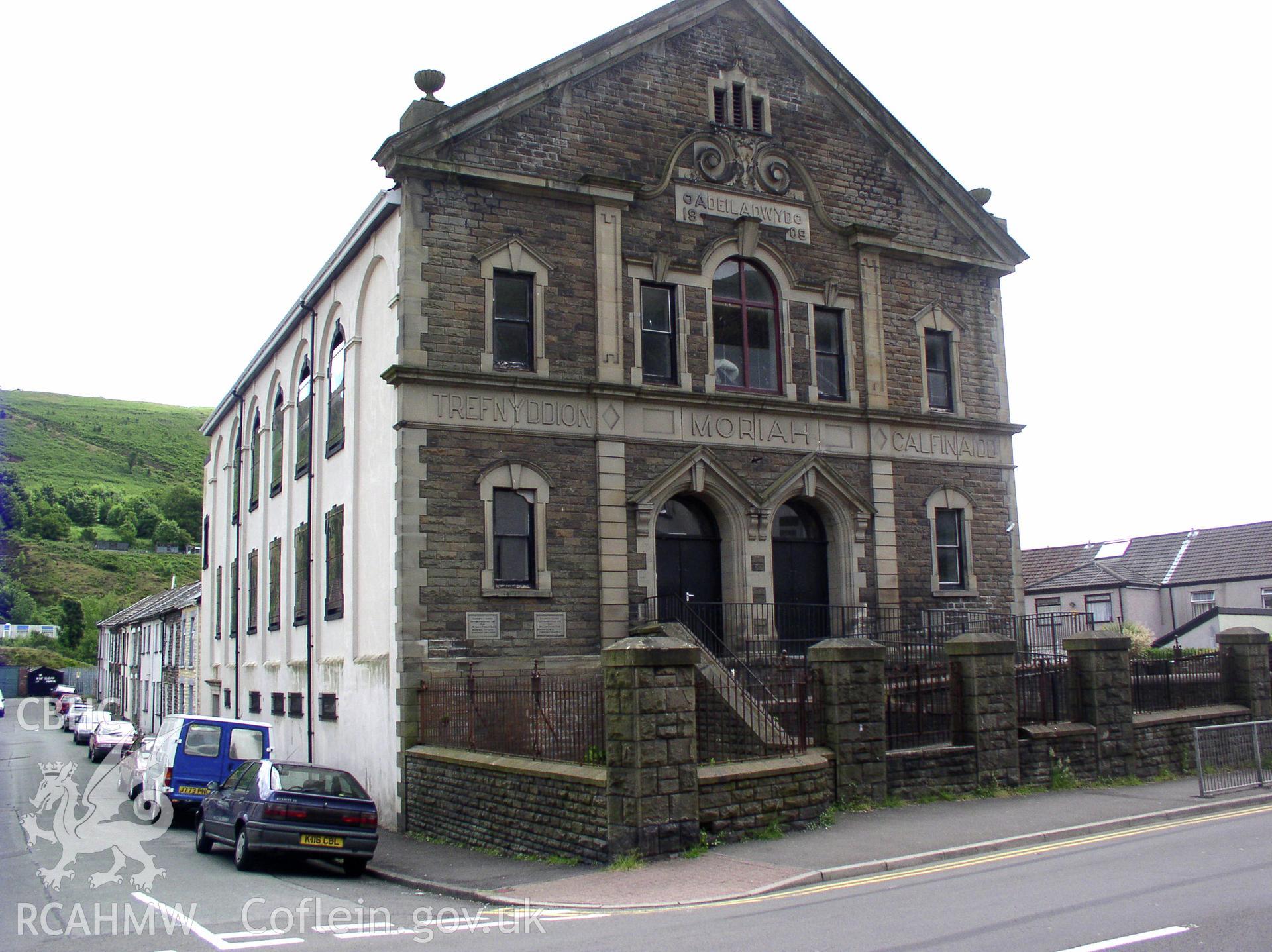 Colour digital photograph showing an elevation view of Moriah Methodist Chapel, Ynyshir; Glamorgan.
