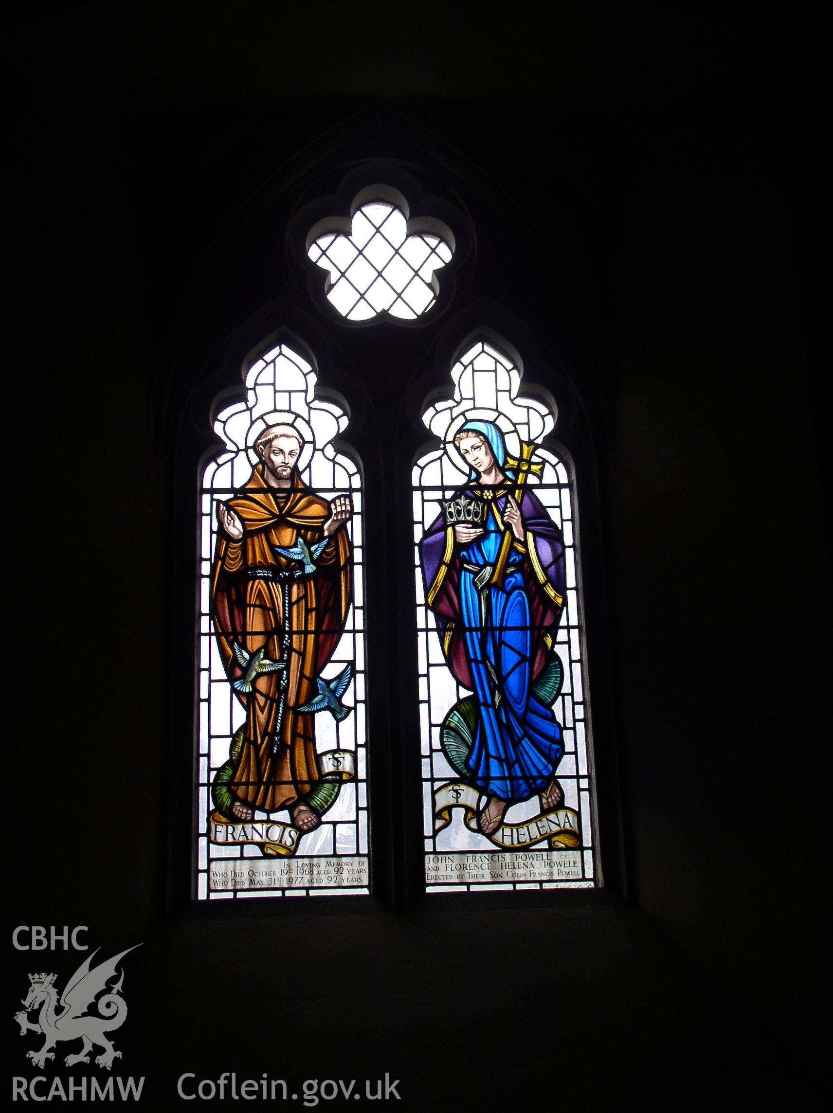 Colour digital photograph showing an interior view of a stained glass window at St Bride's Church, St Brides Major; Glamorgan.