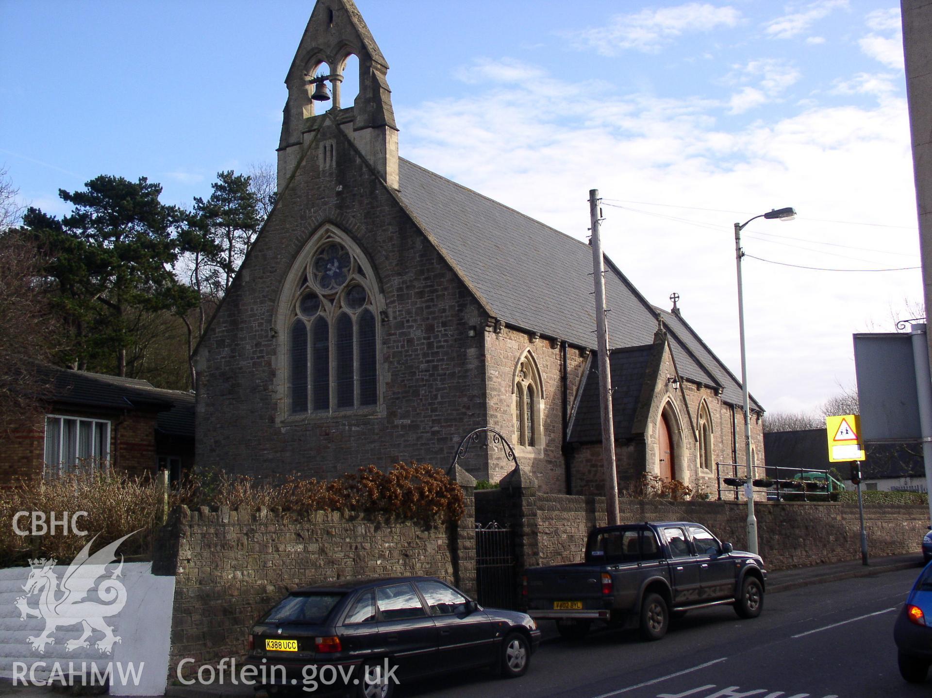 Colour digital photograph showing a three quarter elevation view of St Michael and All Angels Church, Tongwynlais; Glamorgan.