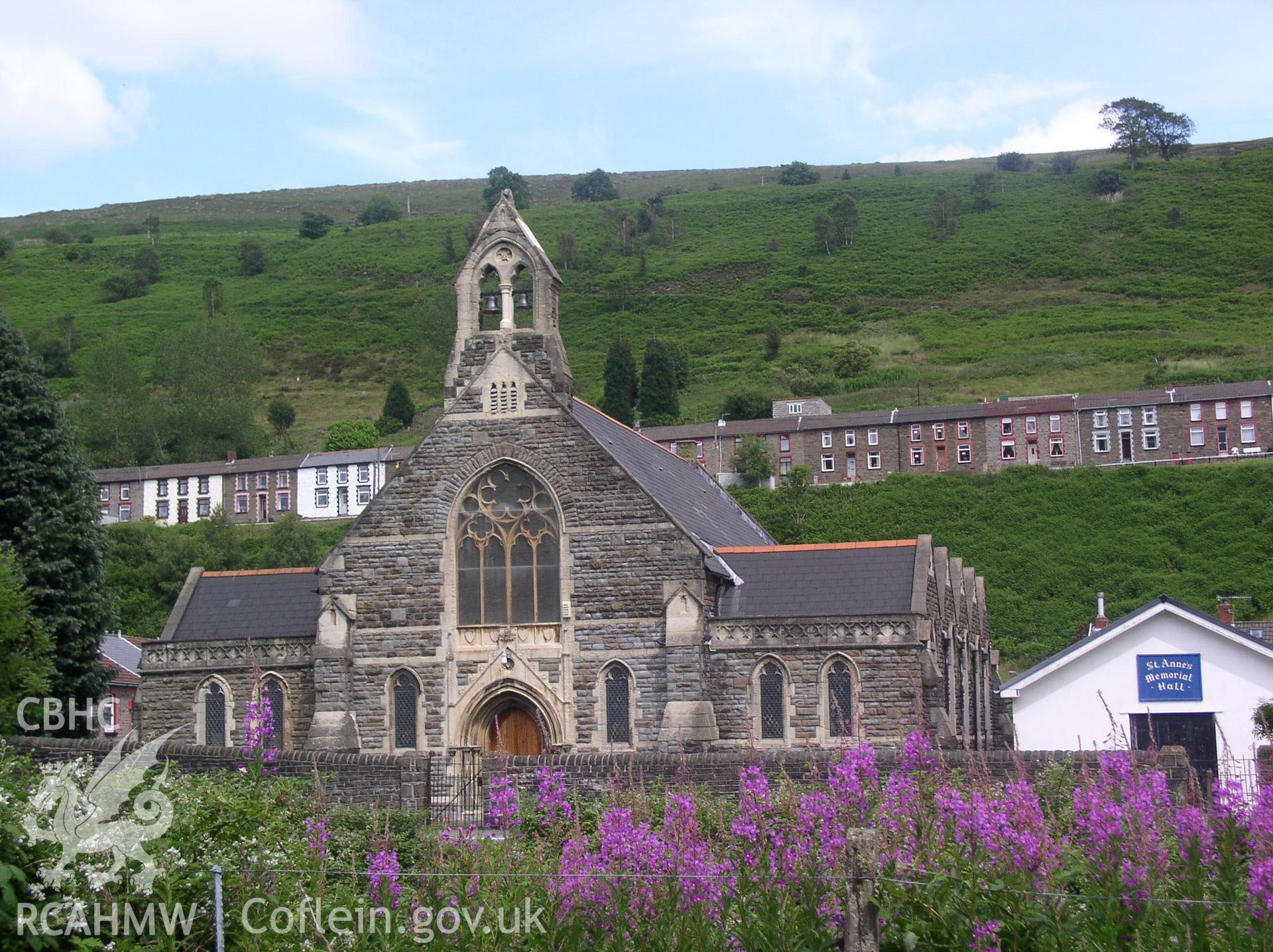 Colour digital photograph showing an elevation view of St Anne's Church, Ynyshir; Glamorgan.