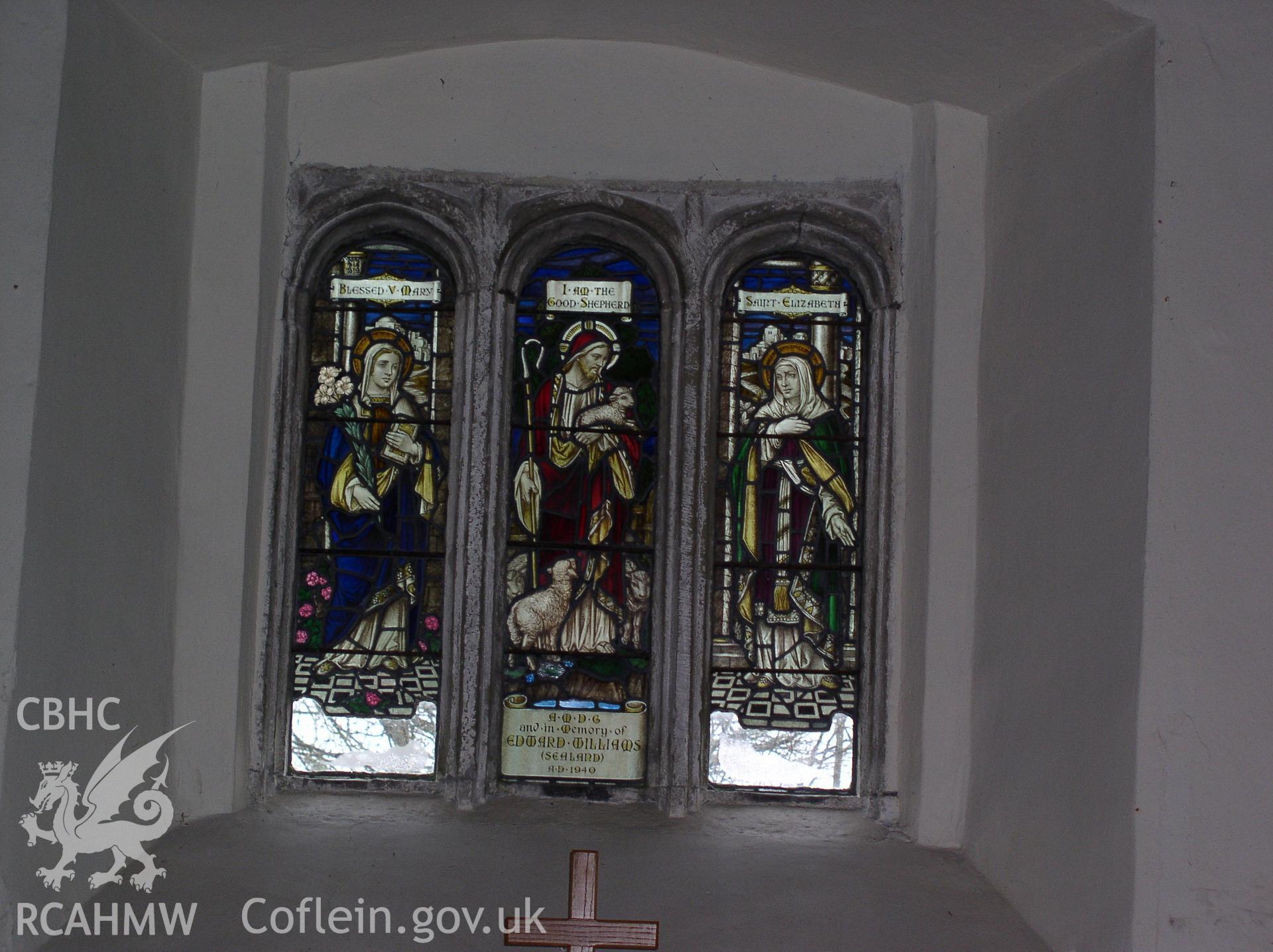 Colour digital photograph showing an interior view of a stained glass window at St James' Church, Wick; Glamorgan.