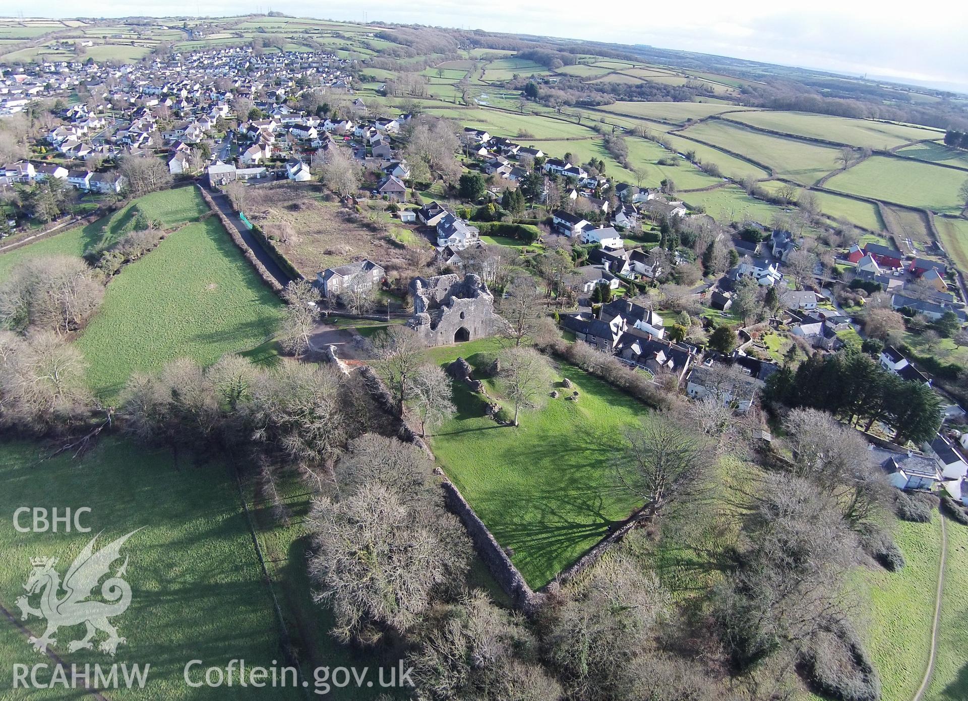 Digital aerial photograph showing Llanblethian village and castle.